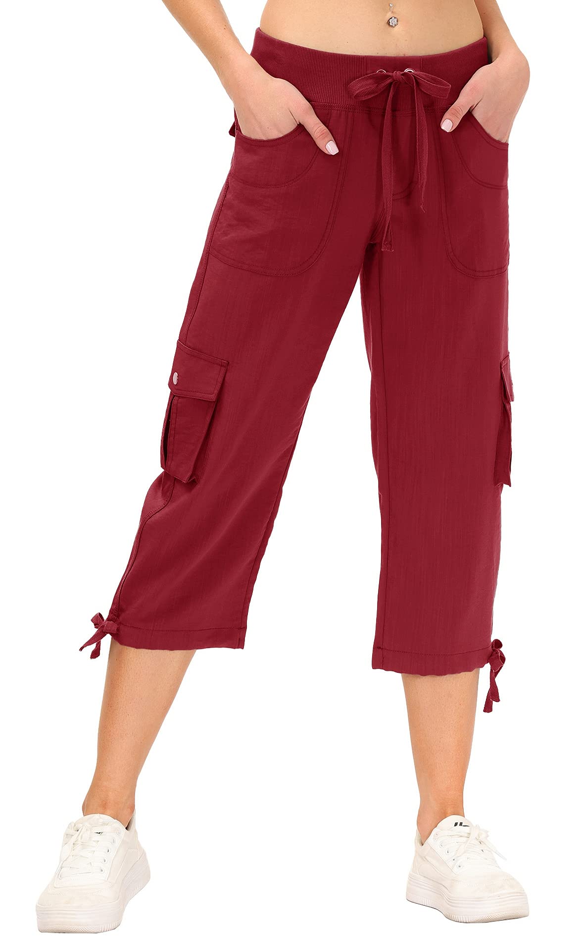 MoFiz Womens Capris Summer Cargo Shorts Lightweight Quick Dry Athletic Casual Travel Loose Ladies Outdoor Hiking Pants Pockets Wine Red 3XL