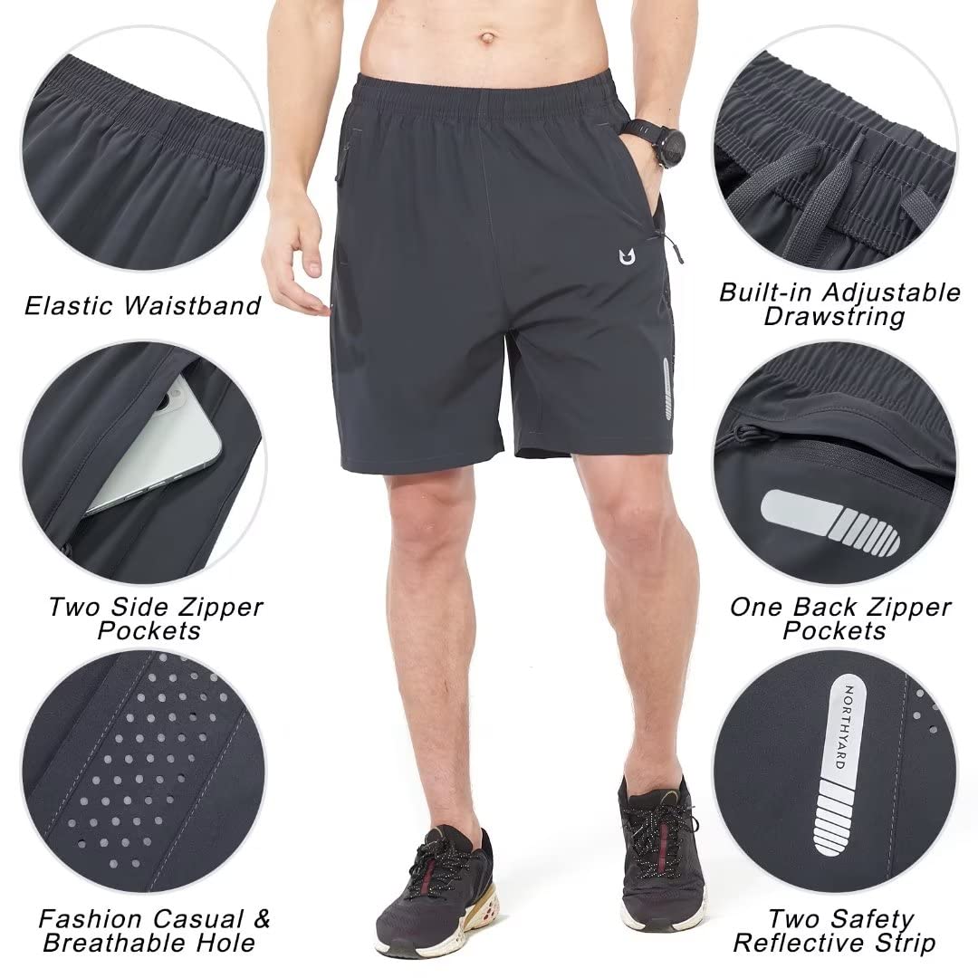 NORTHYARD Men's Athletic Running Shorts Gym Workout 7"/9"/5" Quick Dry Lightweight Sports Basketball Tennis 3 Zipper Pockets Darkgrey S