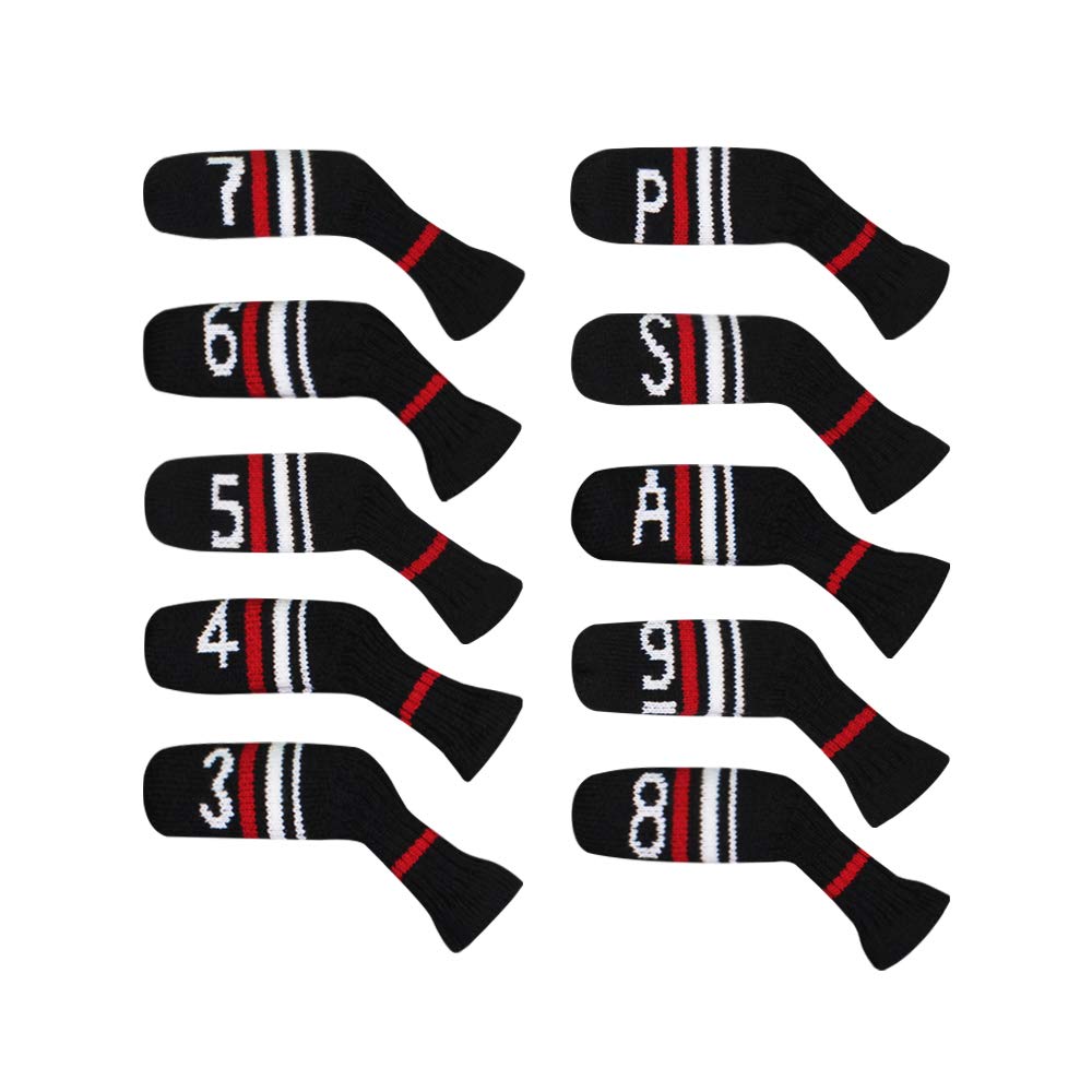 Scott Edward Black Red White Warning Iron Covers,Set of 10 PCS, Adorable and Basically Socks Shape,Washable & Durable Golf Club Head Protector (Black Red White Warning Stripes)