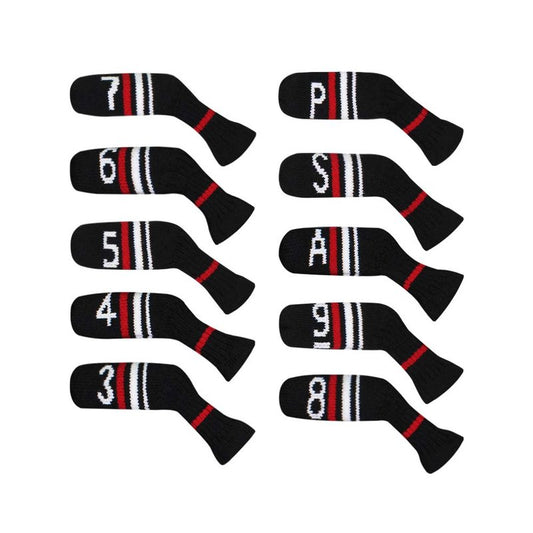 Scott Edward Black Red White Warning Iron Covers,Set of 10 PCS, Adorable and Basically Socks Shape,Washable & Durable Golf Club Head Protector (Black Red White Warning Stripes)