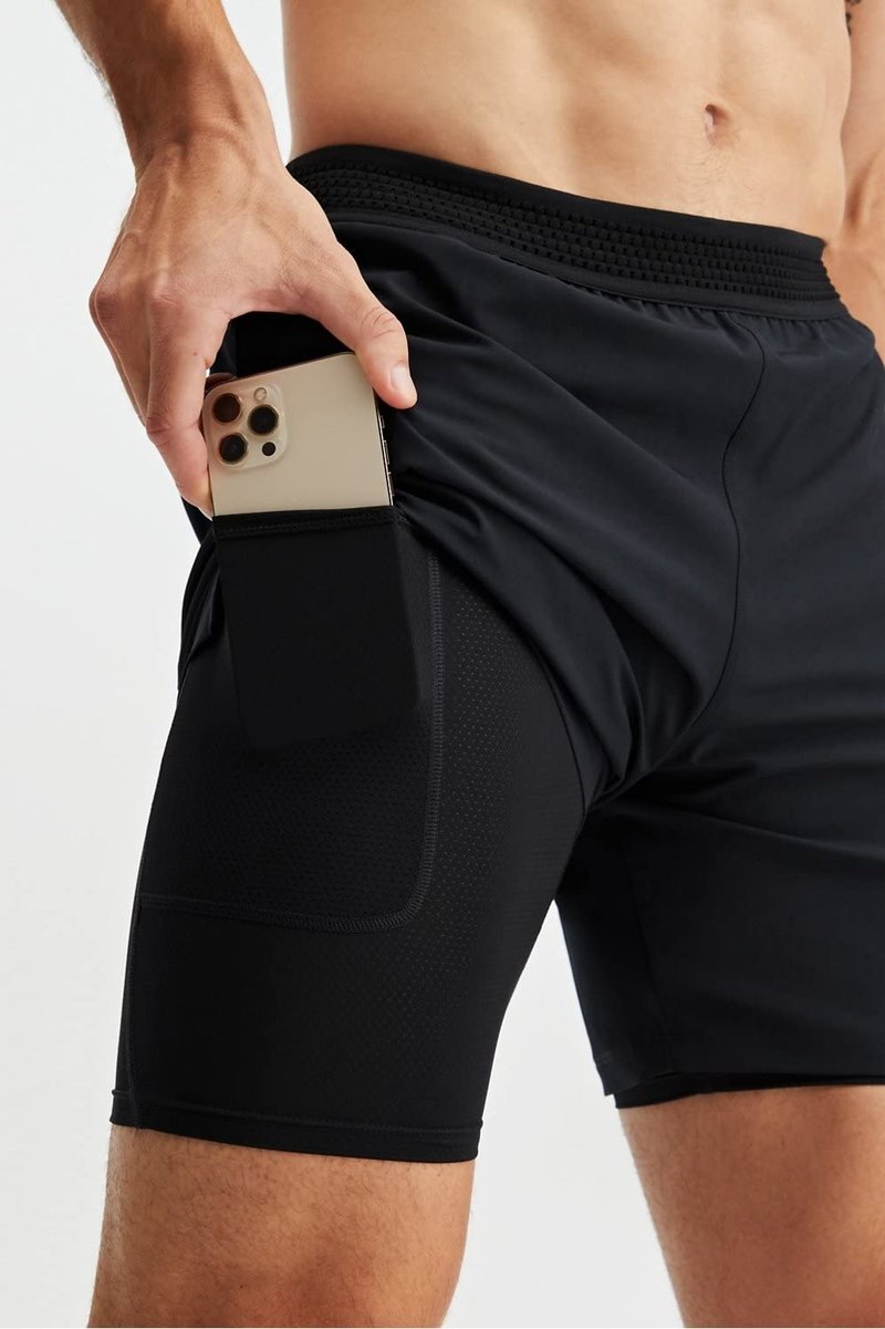 Fabletics Men's The Fundamental Short (Lined), Workout, Running, Training, Gym, Yoga, Ultra Lightweight, Athletic, 7" Inseam, L, Classic Indigo/Deep Navy