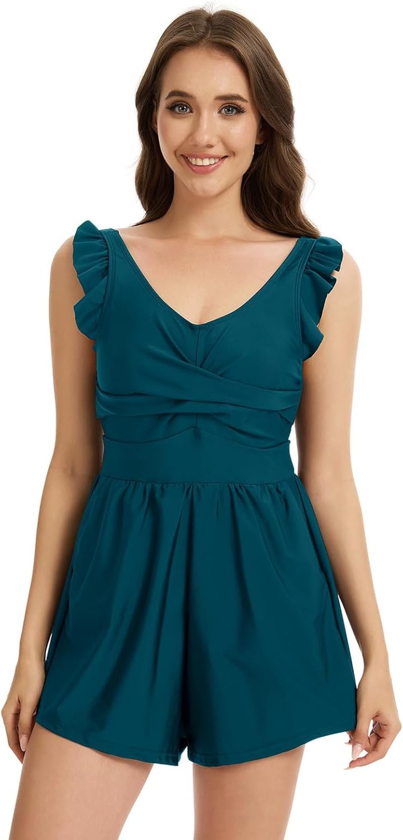 Swim Rompers for Women - V Neck Built-In Bra Swimsuit with Pockets | Tummy Control & Shorts