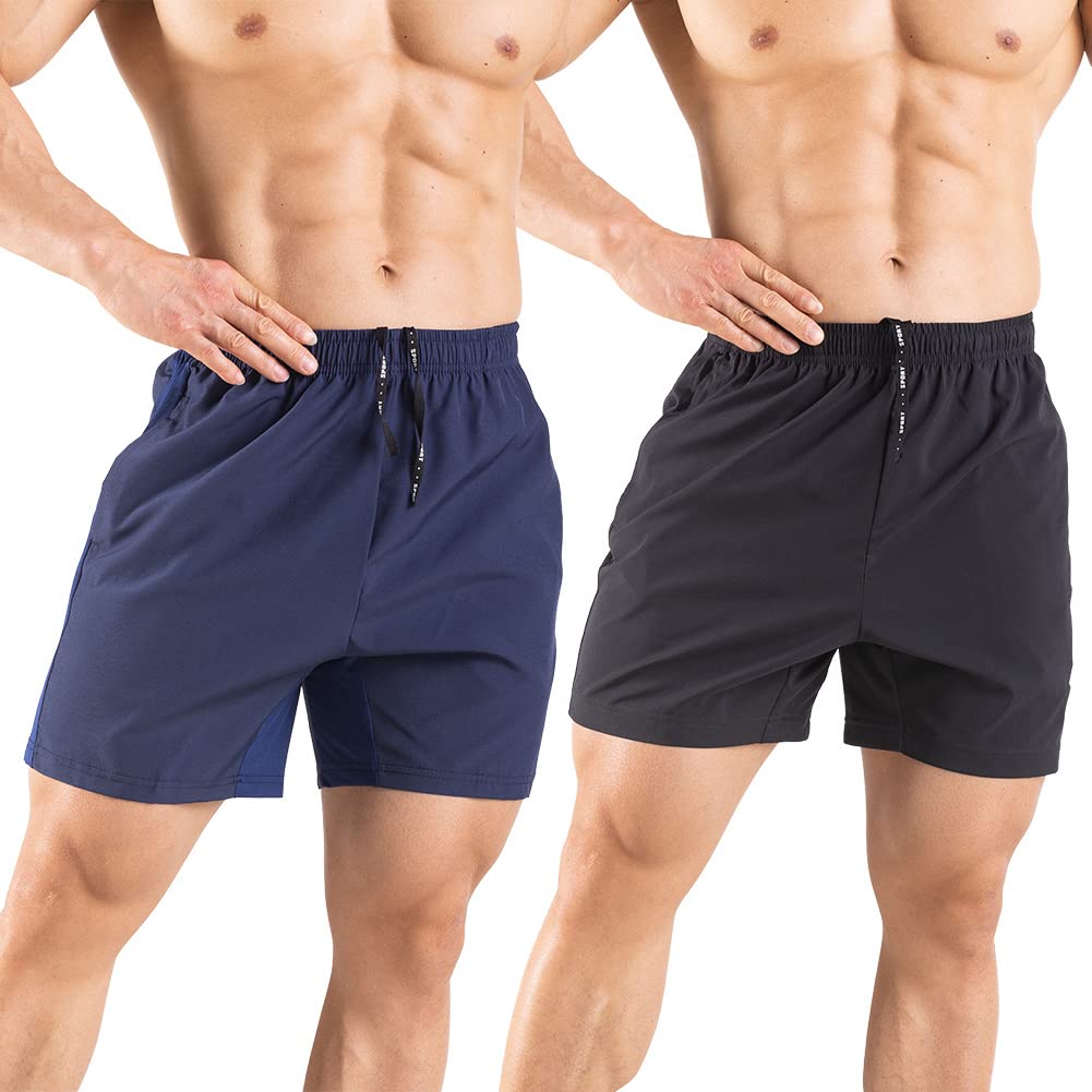 Gaglg Men's 5" Running Shorts 2 Pack Quick Dry Athletic Workout Gym Shorts with Zipper Pockets Black/Navy,XX-Large