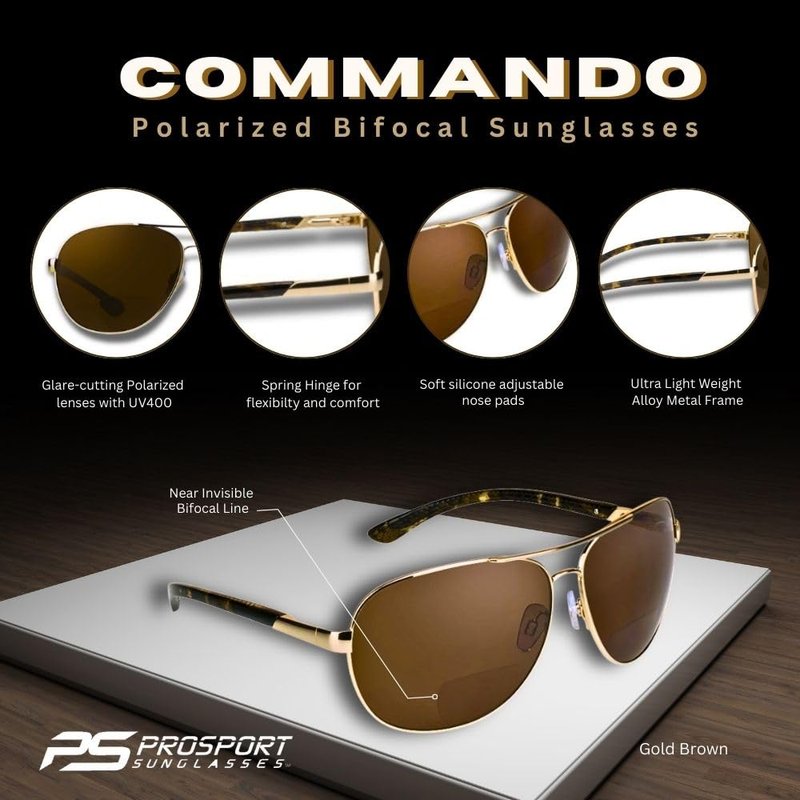 proSPORT Aviator Polarized Bifocal Sunglass Readers Fishing Driving Gold Brown Lens Spring Hinge Men Women 1.50 1.75 2.00 2.25 2.50