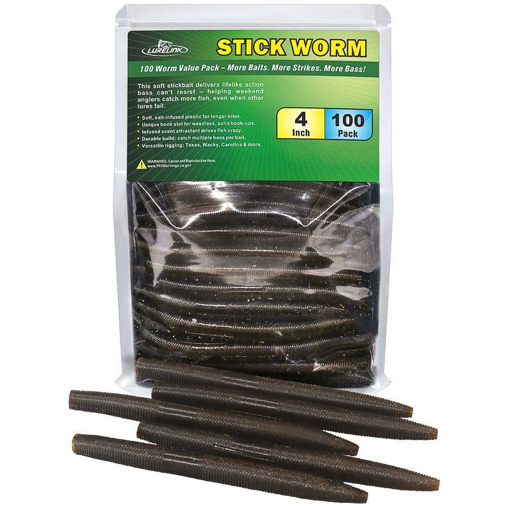 Wacky Worms Soft Plastic for Bass Fishing Lures–100 Pack 4" & 5" Stick Baits Wacky, Texas, Neko & Drop Shot Rigs–Bulk Soft Lure (2-Green Pumpkin w/Black Flake, 4")
