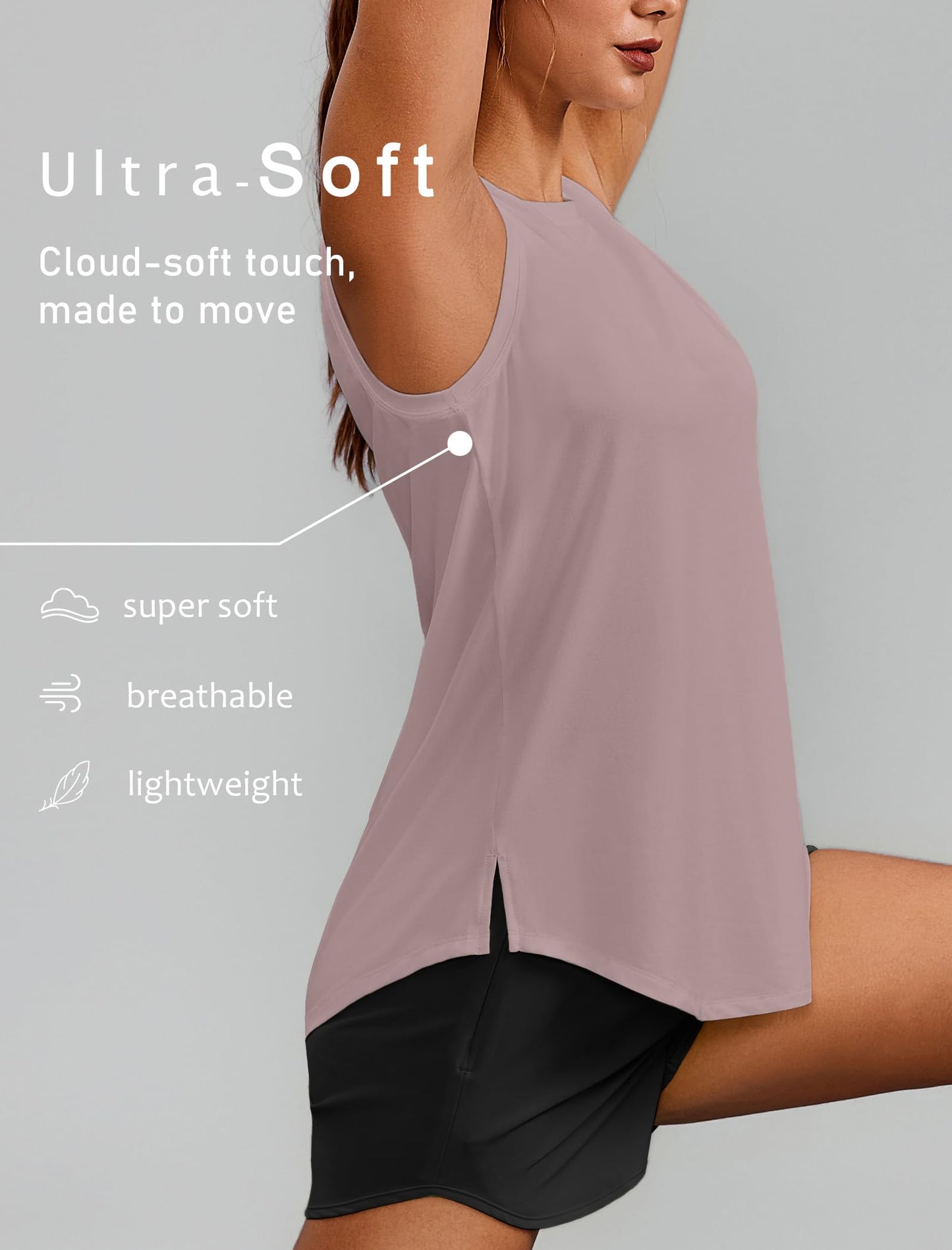 PINSPARK Workout Tank Top for Women Sleeveless Athletic Yoga Tops Crew Neck Quick Dry Running Tennis Shirt UPF 50+ Soft Sports Muscle Tank, Warm Ash Grey Large