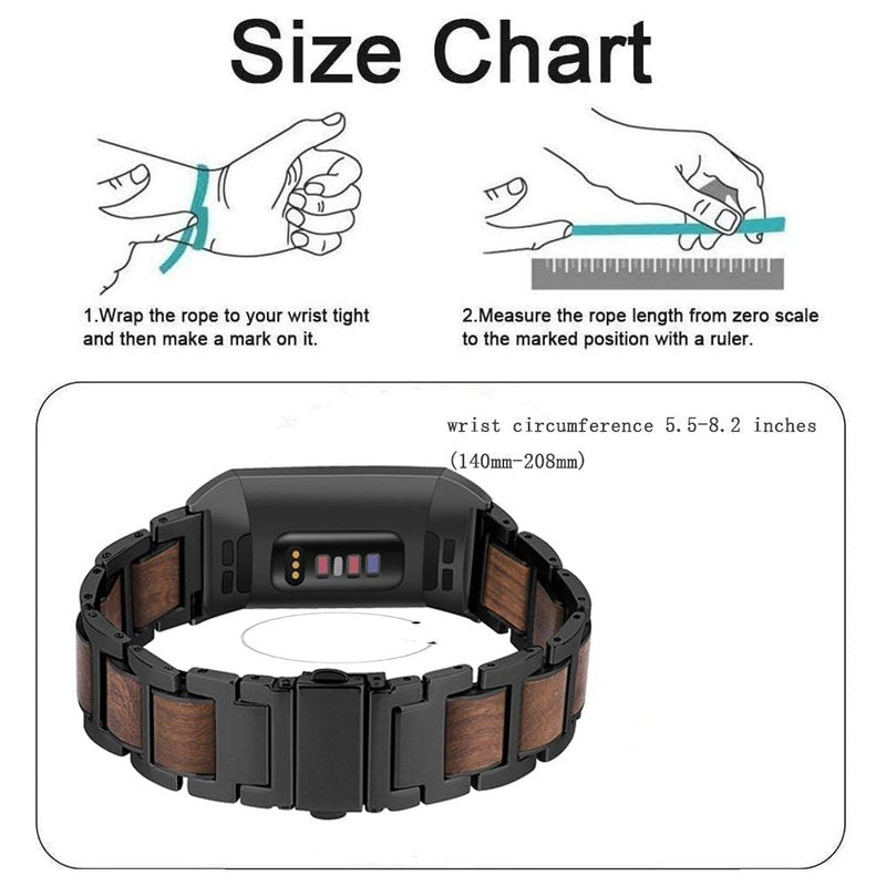 Ayeger Wood Band Compatible for Fitbit Charge 4/3 Bands,Sandalwood Stainless Steel Replacement Metal Watch Women Men Wristband Strap Blacelet (Black)
