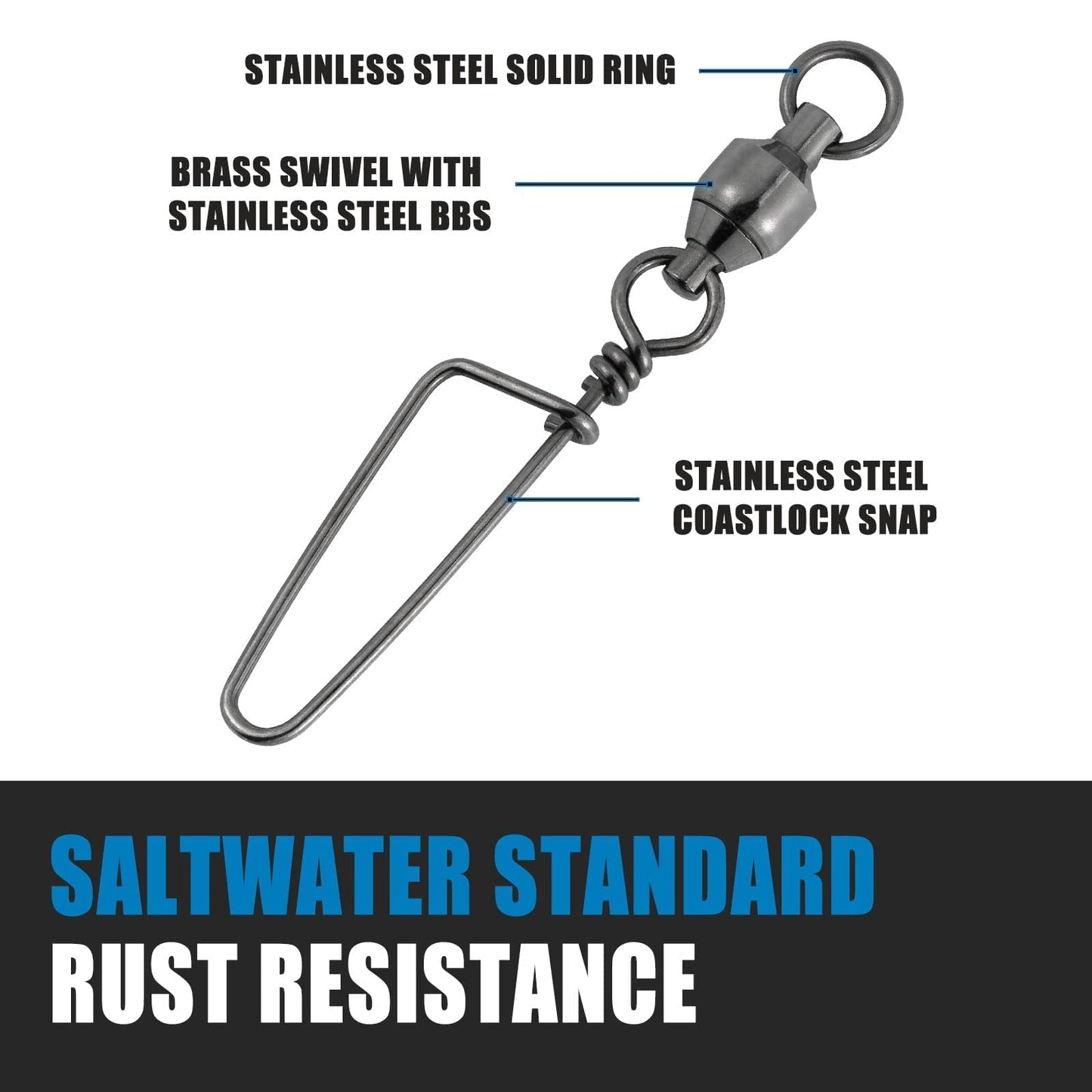 Dr.Fish 50 Pack Fishing Snap Swivels Ball Bearing Swivels Fishing Tackle Saltwater & Freshwater Coast-Lock Lure Snap Clips Terminal Tackle Line Leader Connector Accessories 26LB