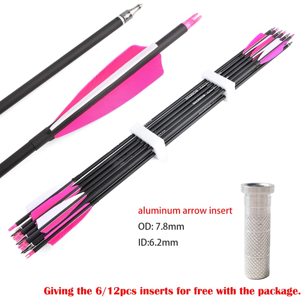 ZSHJGJR 30 Inch Archery Carbon Arrows Hunting Arrows with 4” Turkey Feather Target Practice Arrows Spine 500 for Compound & Recurve &Traditional Bow 6/12pcs (12 x Pink Arrows)