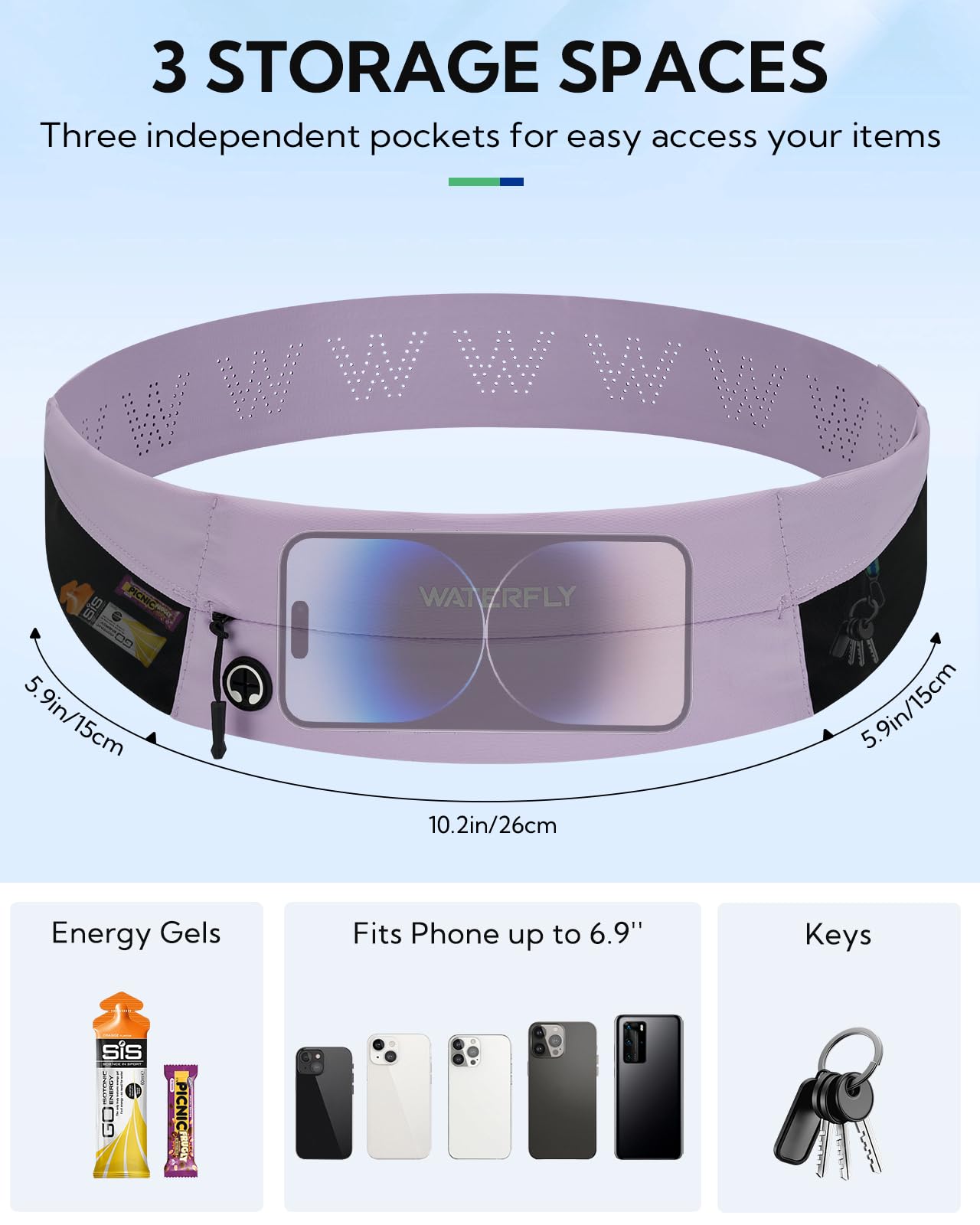 WATERFLY Running Belt Fanny Pack: Slim Waist Bag for Men Women, Workout Fitness Phone Holder for Exercise Marathon Jogging-Purple