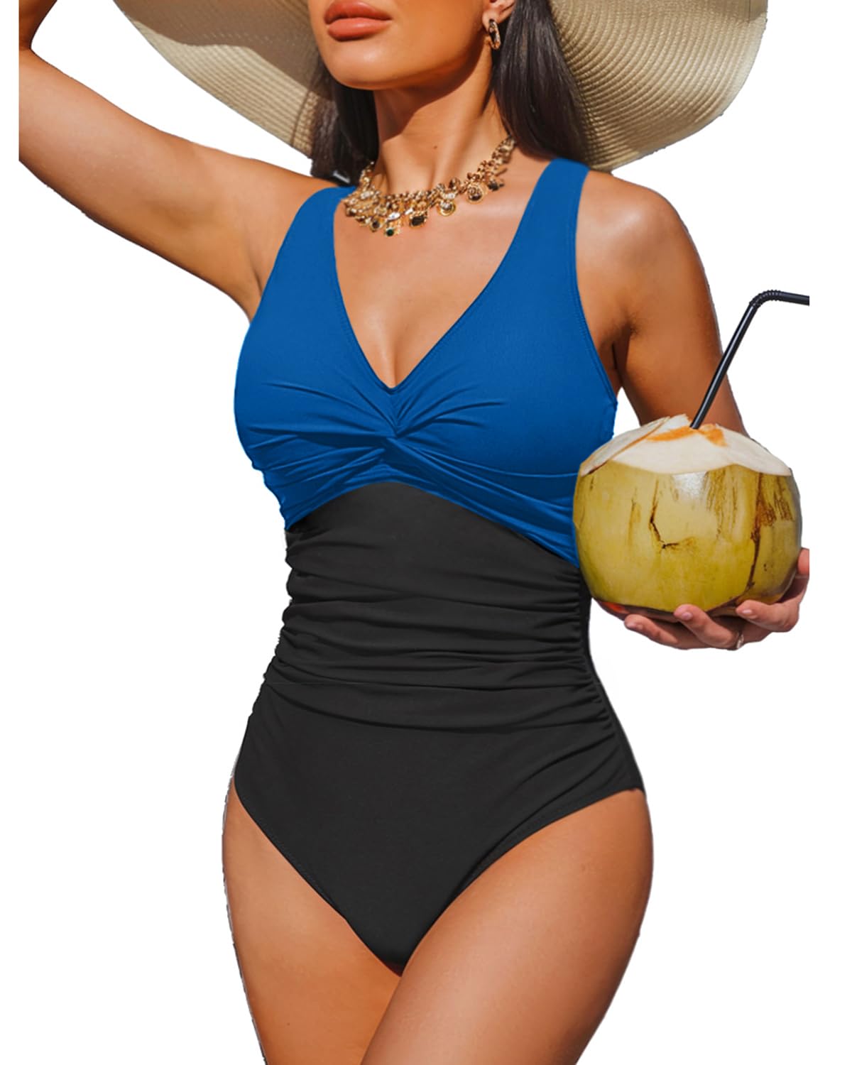 Holipick Blue and Black Tummy Control One Piece Swimsuit Full Coverage Bathing Suit M
