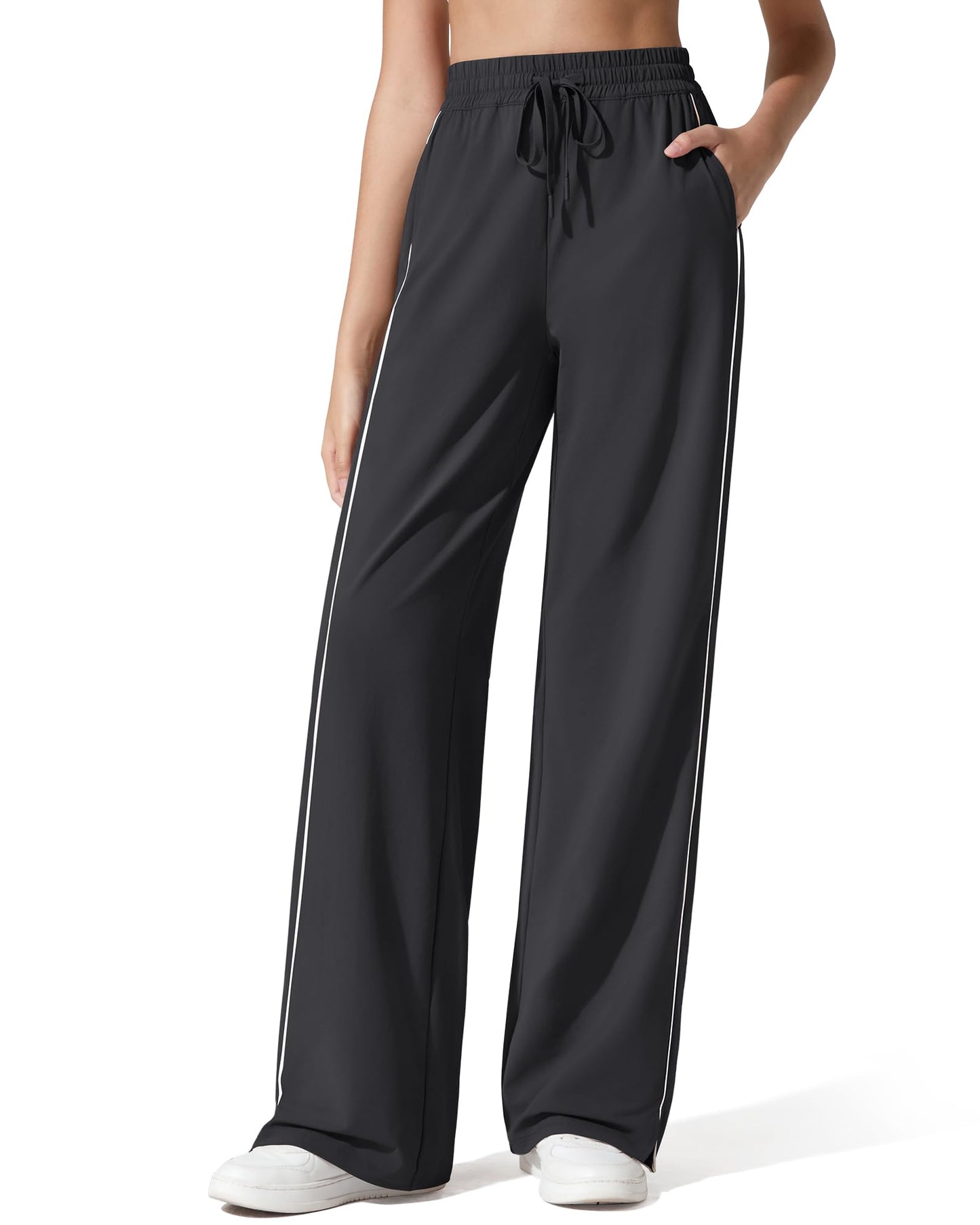 G4Free Womens Track Pants with Pockets Lightweight Wide Leg Sweatpants Drawstring Casual Trousers Y2K Jogging Pant (Black,S,Petite)