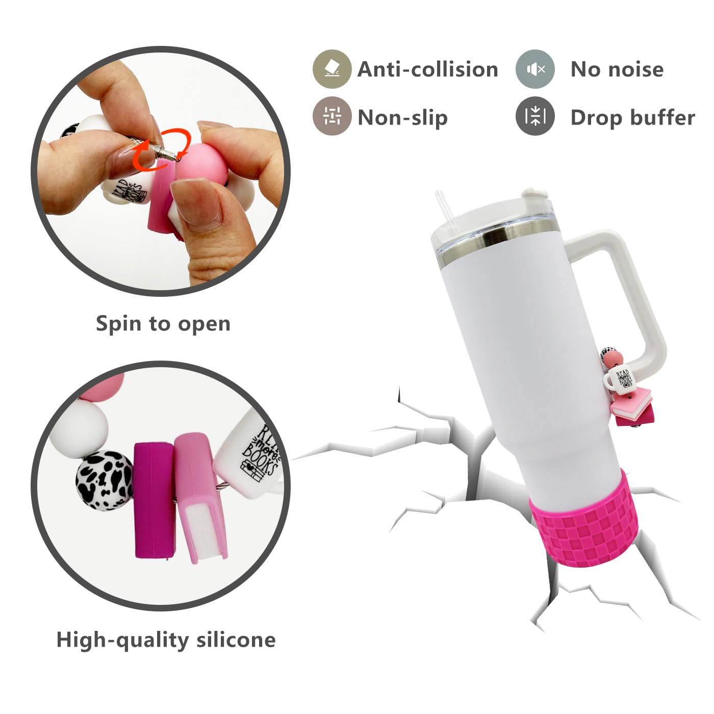 WAFOIRO Book Lover Tumbler Handle Decor Hot Pink Silicone Boot Teacher Tumbler Bottom Cover Cup Protector for 30oz&40oz Water Botter Accessories