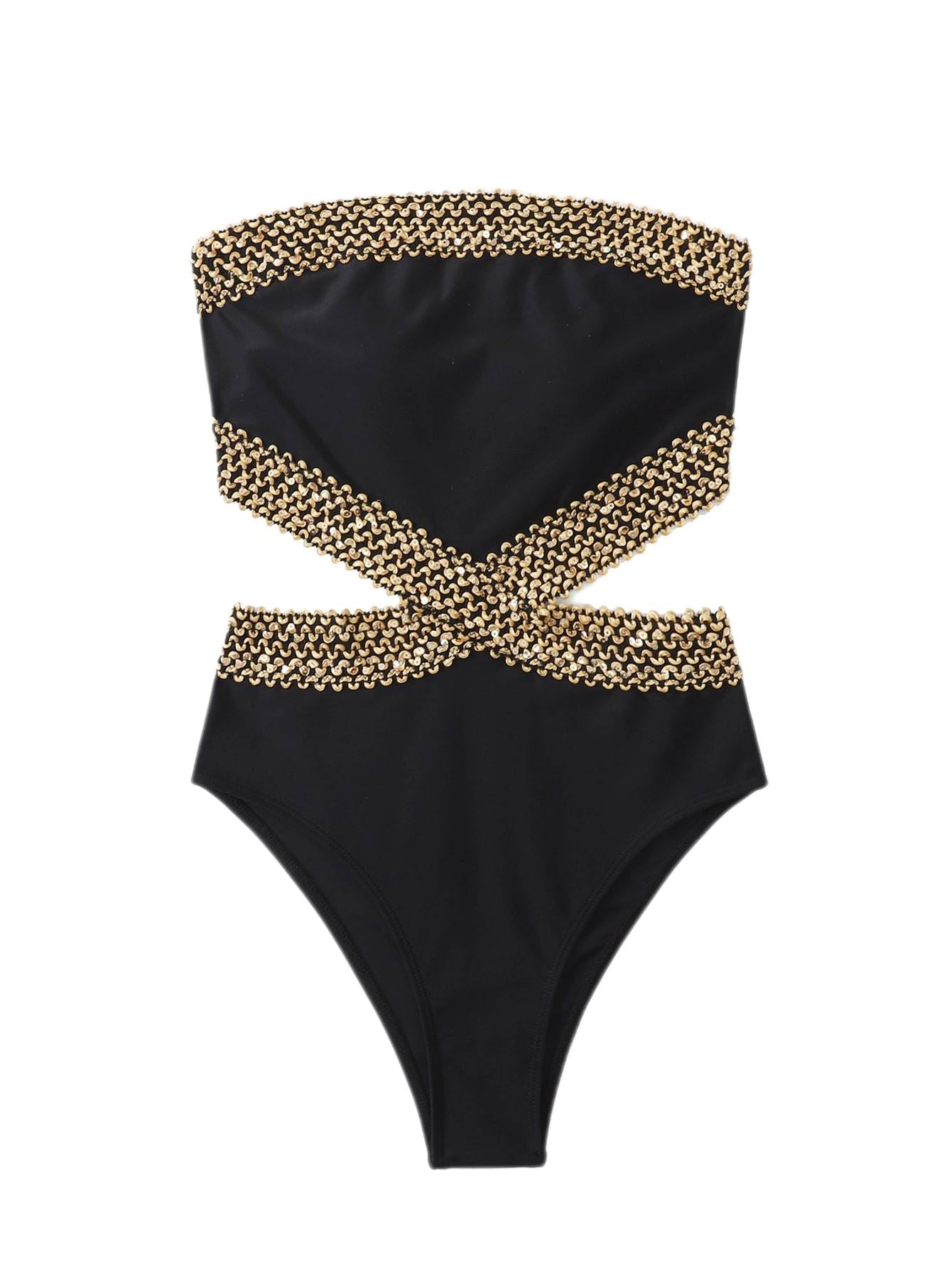 Milumia Women's Stitch Detail Strapless One Piece Swimsuit Cut Out Bandeau Bathing Suit Black Medium