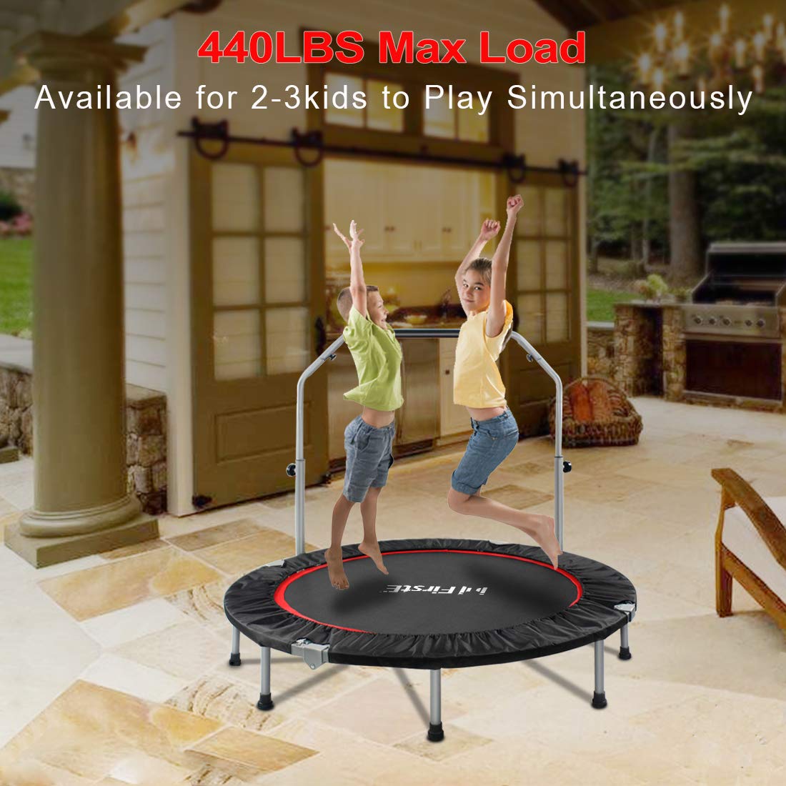 48 Inch Foldable Fitness Trampolines with 4 Level Adjustable Heights Foam Handrail,Jump Trampoline for Kids and Adults Indoor&Outdoor, Max Load 440lbs