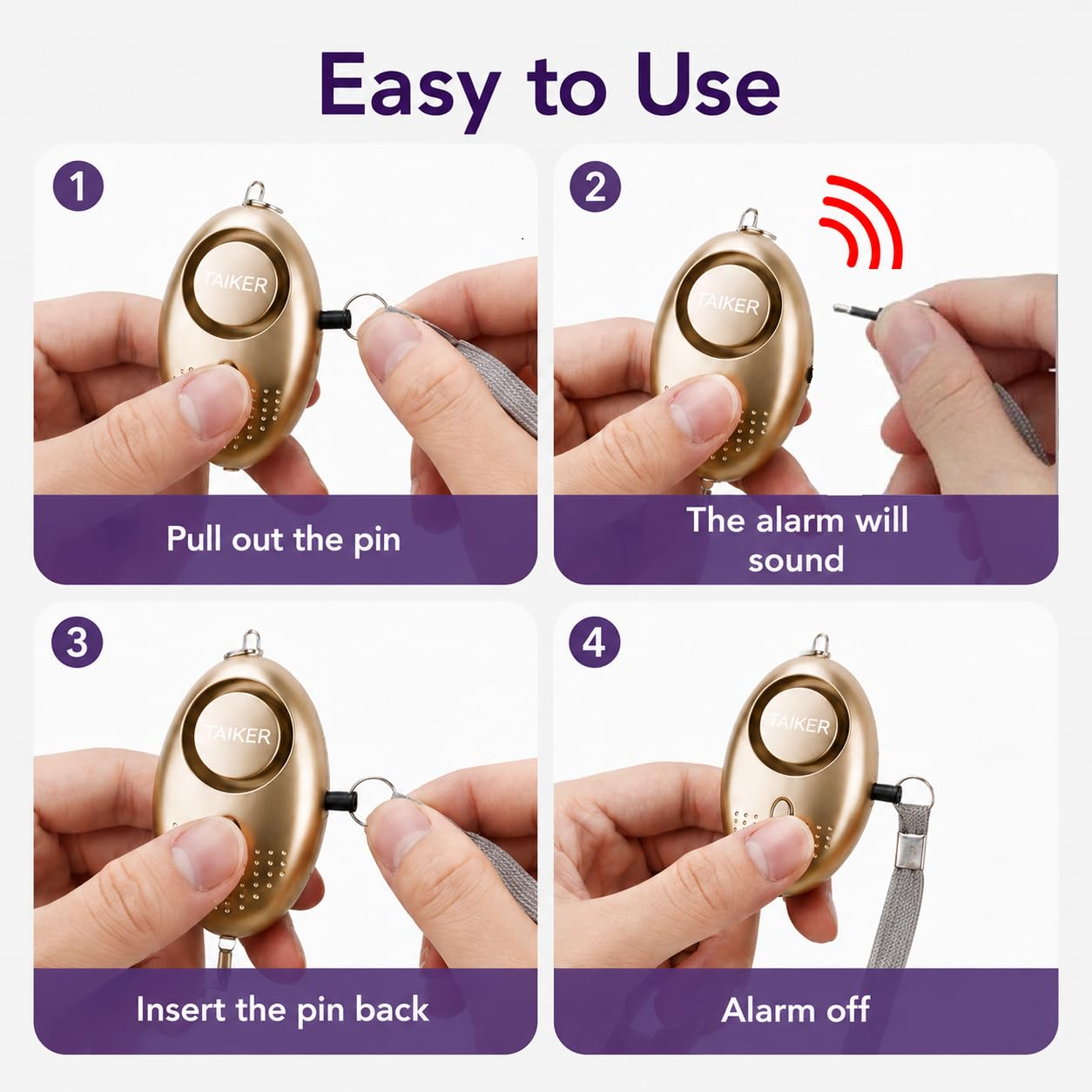 Personal Alarm for Women 140DB Emergency Self-Defense Security Alarm Keychain with LED Light for Women Kids and Elders-2 Pack (Gold & Purple)