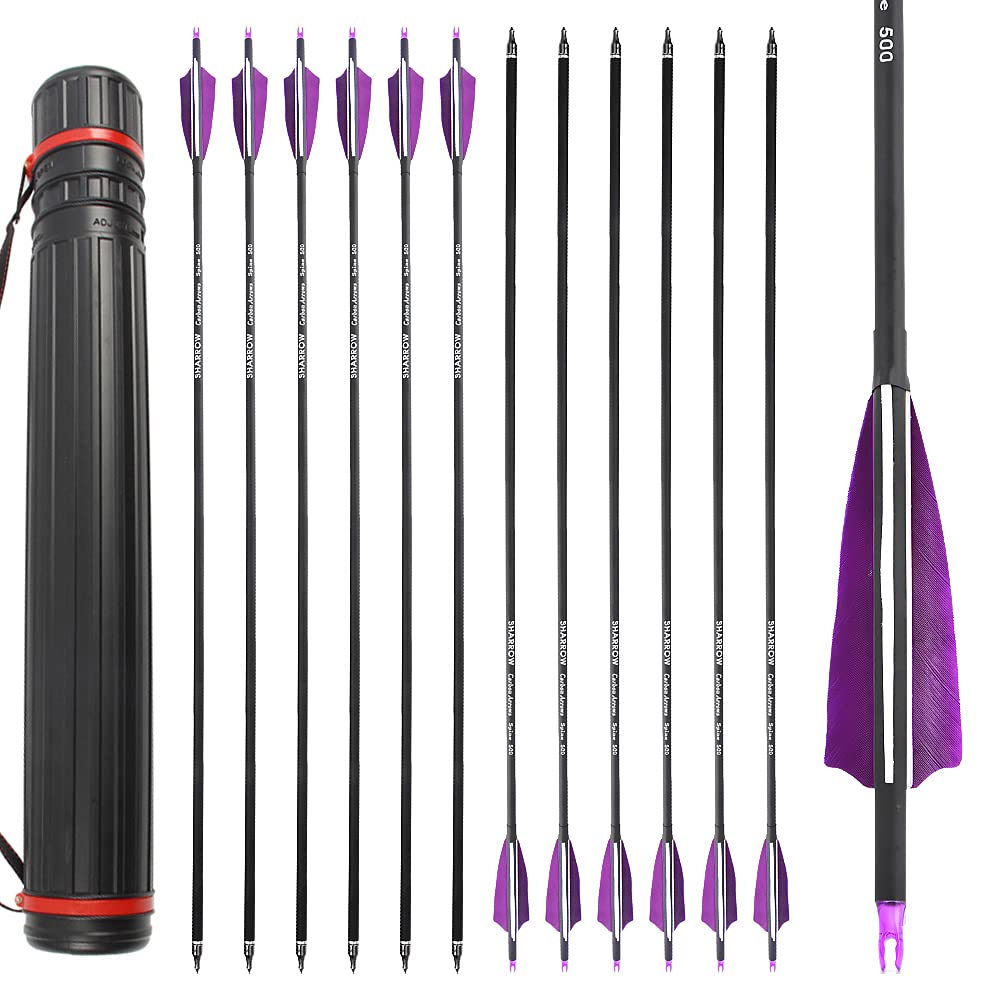 ZSHJGJR 30 Inch Archery Carbon Arrows Hunting Arrows with 4” Turkey Feather Target Practice Arrows Spine 500 for Compound & Recurve &Traditional Bow 6/12pcs (12 x Purple Arrows + Quiver)