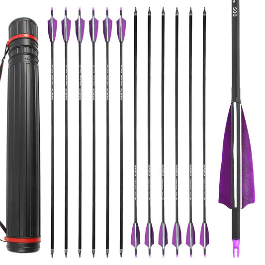 ZSHJGJR 30 Inch Archery Carbon Arrows Hunting Arrows with 4” Turkey Feather Target Practice Arrows Spine 500 for Compound & Recurve &Traditional Bow 6/12pcs (12 x Purple Arrows + Quiver)