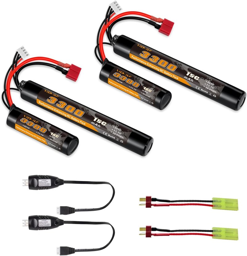 3300mAh Airsoft Battery - 11.1V Nunchuck Rechargeable Battery | Fits AEG AK47, M4, MP5 & More