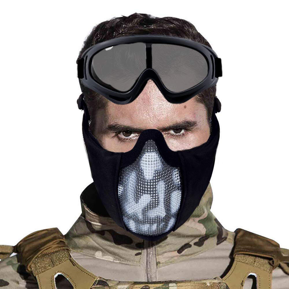 Yzpacc Airsoft Mask with Goggles, Foldable Half Face Airsoft Mesh Mask with Ear Protection for Paintball Shooting Cosplay CS Game