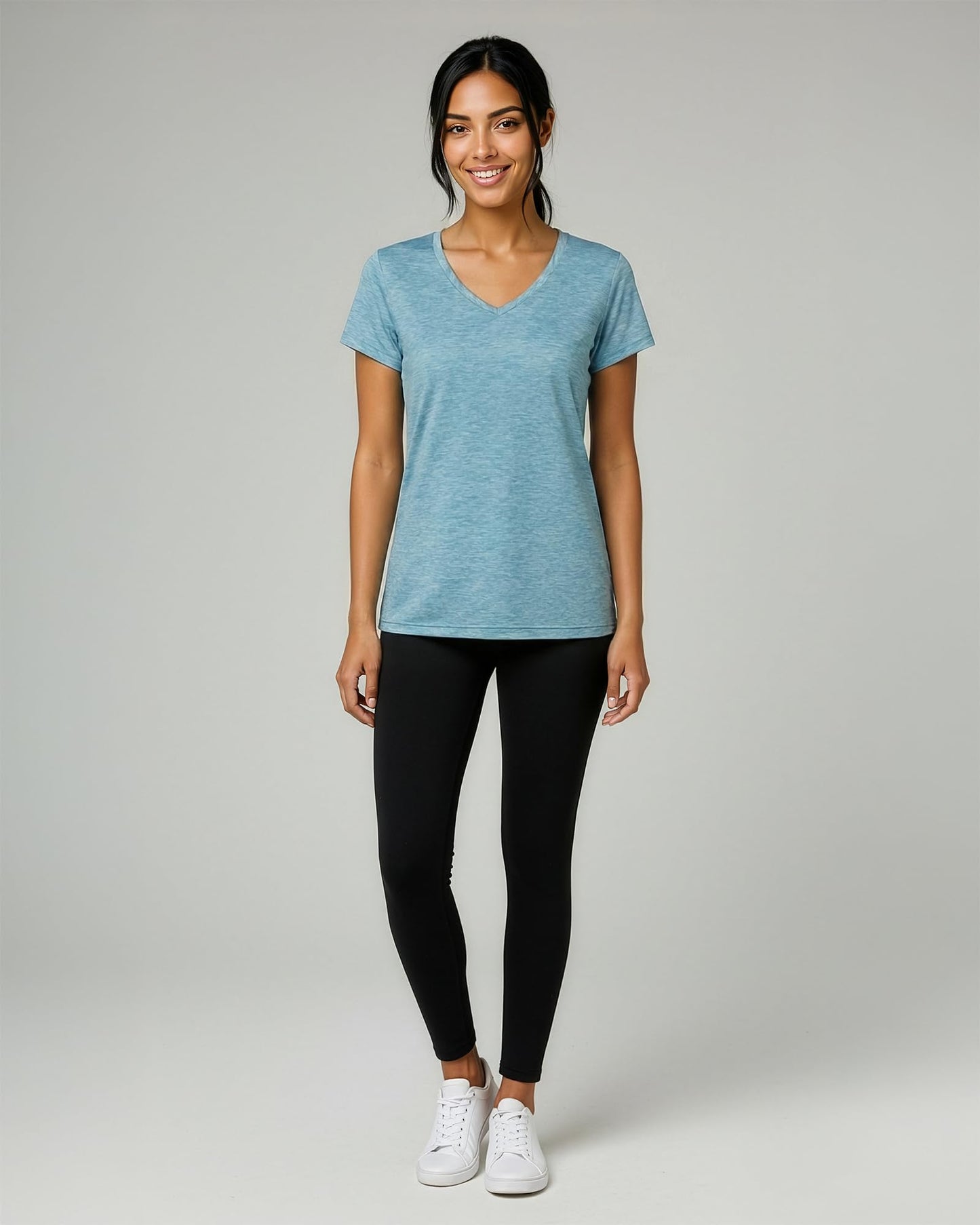 Real Essentials 5 Pack: Women's Dry-Fit Short Sleeve V Neck T Shirt Workout Fitness Yoga Top Tee, Set 1, S
