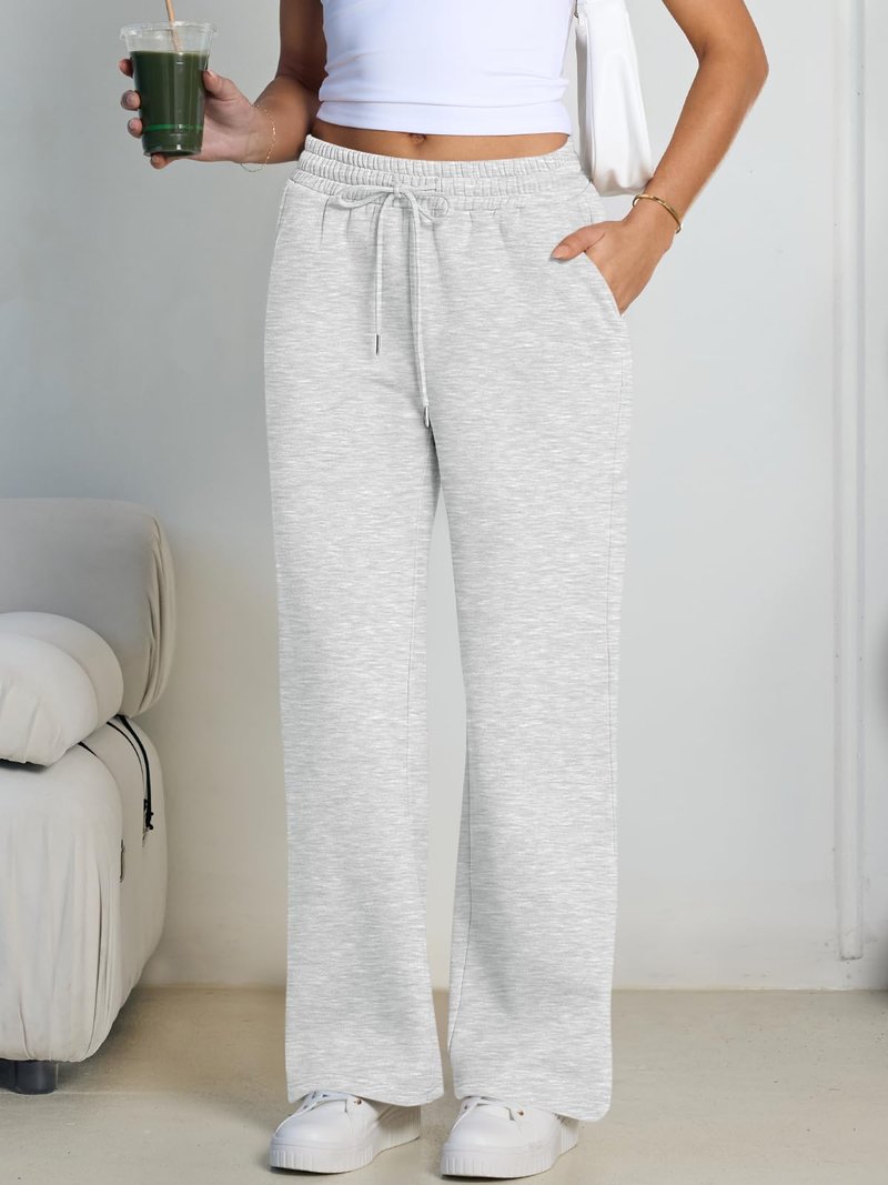 Trendy Queen Womens Wide Leg Fleece Lined Sweatpants Winter Lounge Travel Pants Fall Fashion Outfits 2026 Baggy Joggers Clothes with Pockets Grey XS
