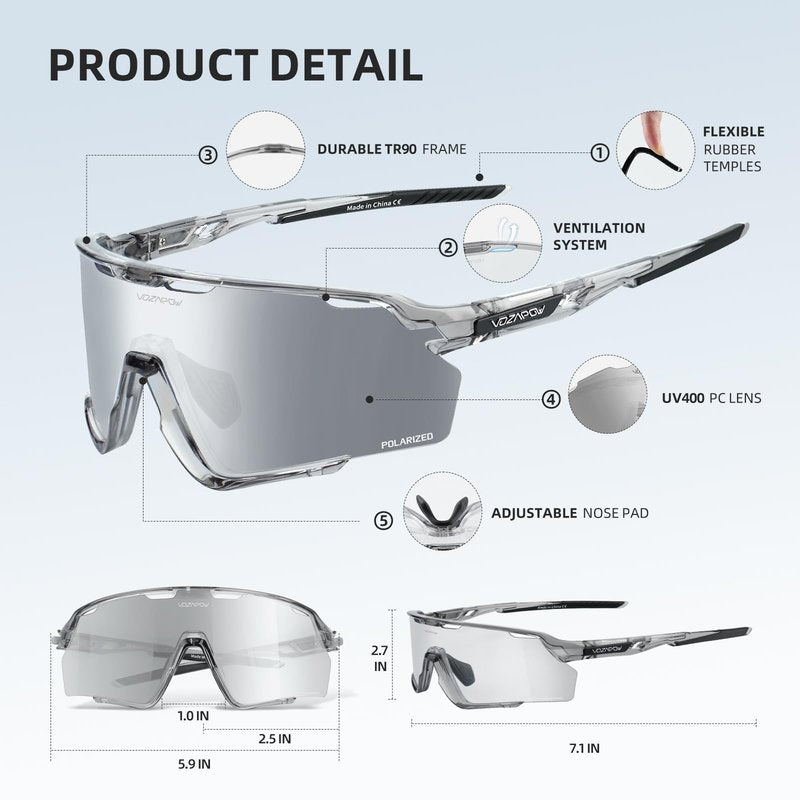 VOZAPOW Photochromic Sunglasses Men & Women Transition Sports Glasses for Pickleball Cycling Running Baseball Softball
