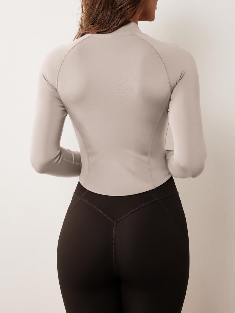 GYM RAINBOW Women's Zip Up Workout Jacket Lightweight Slim Fit Athletic Jacket Cropped Running Gym Tops with Thumb Holes(#1 Light Apricot,Small)
