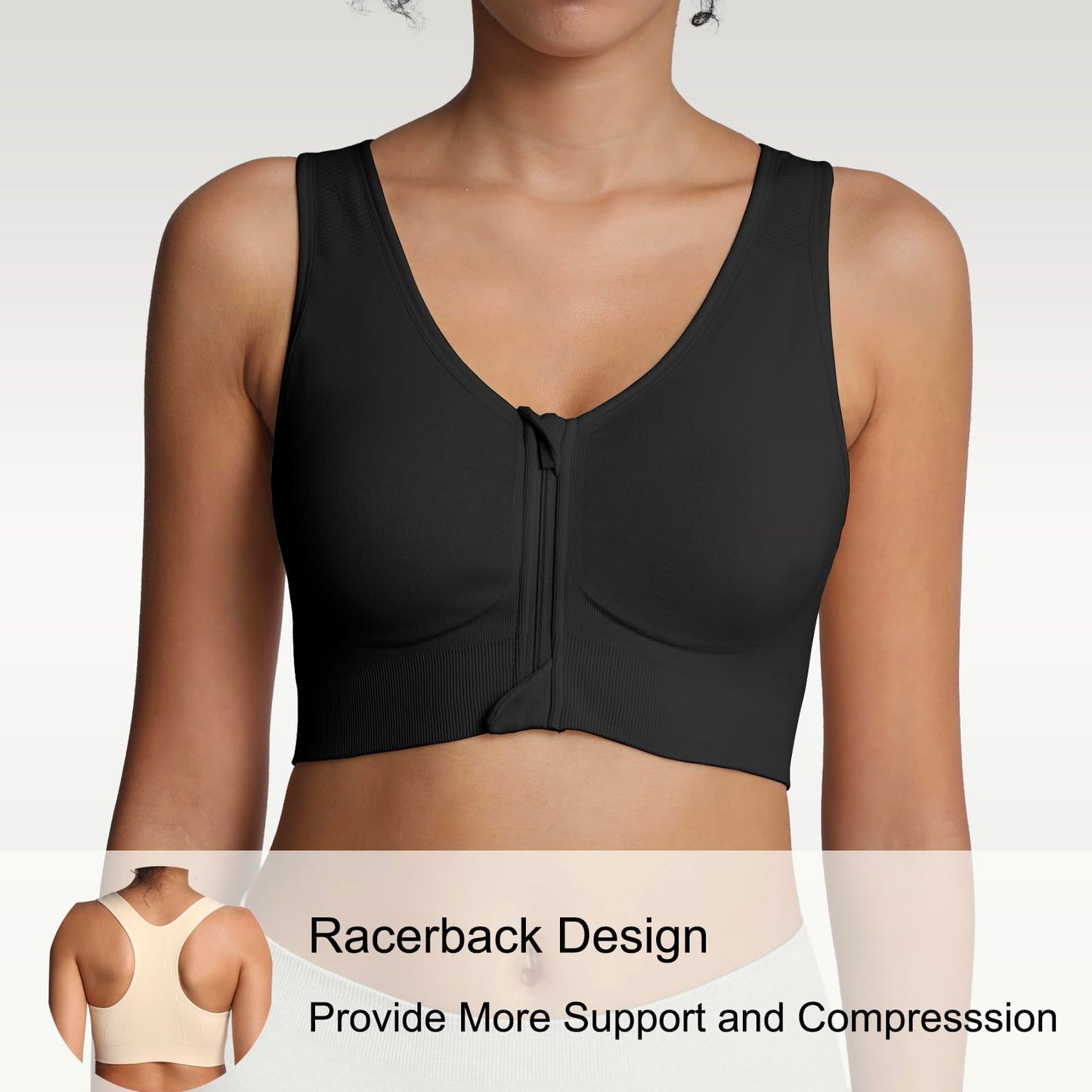 Lemef Front Zipper Sports Bras for Women Wirefree Post Surgery Bra Front Closure Racerback Compression Mastectomy Bras Black L