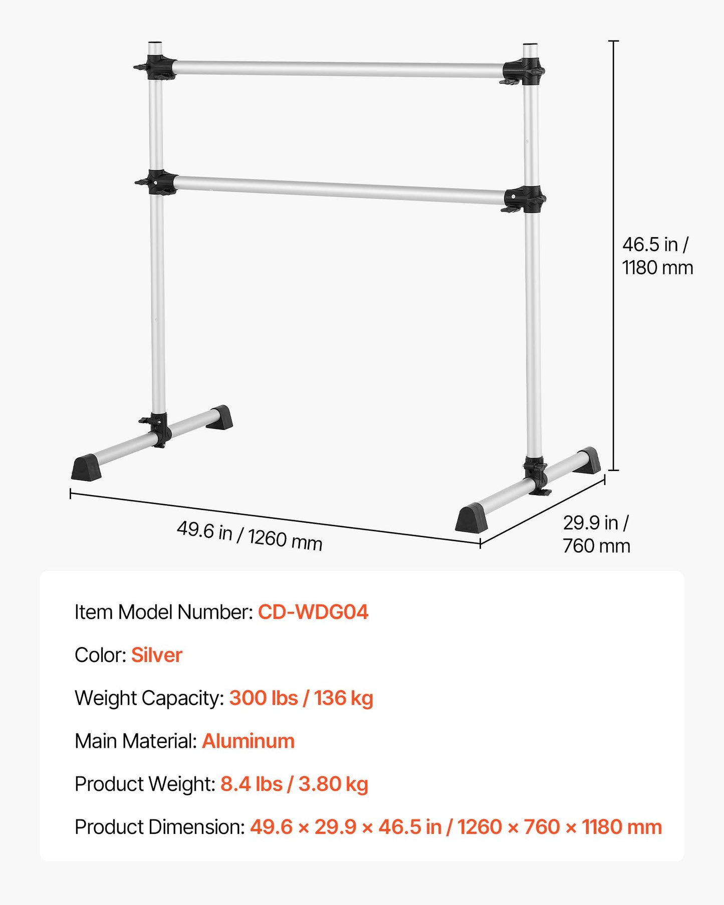 VEVOR Ballet Barre, 4 Ft Aluminum Double Barre Bar for Home, Freestanding Portable Ballet Stretching Dance Bars, Height Adjustable Anti-Wobble Fitness Studio Equipment, for Pilates Balance Workout