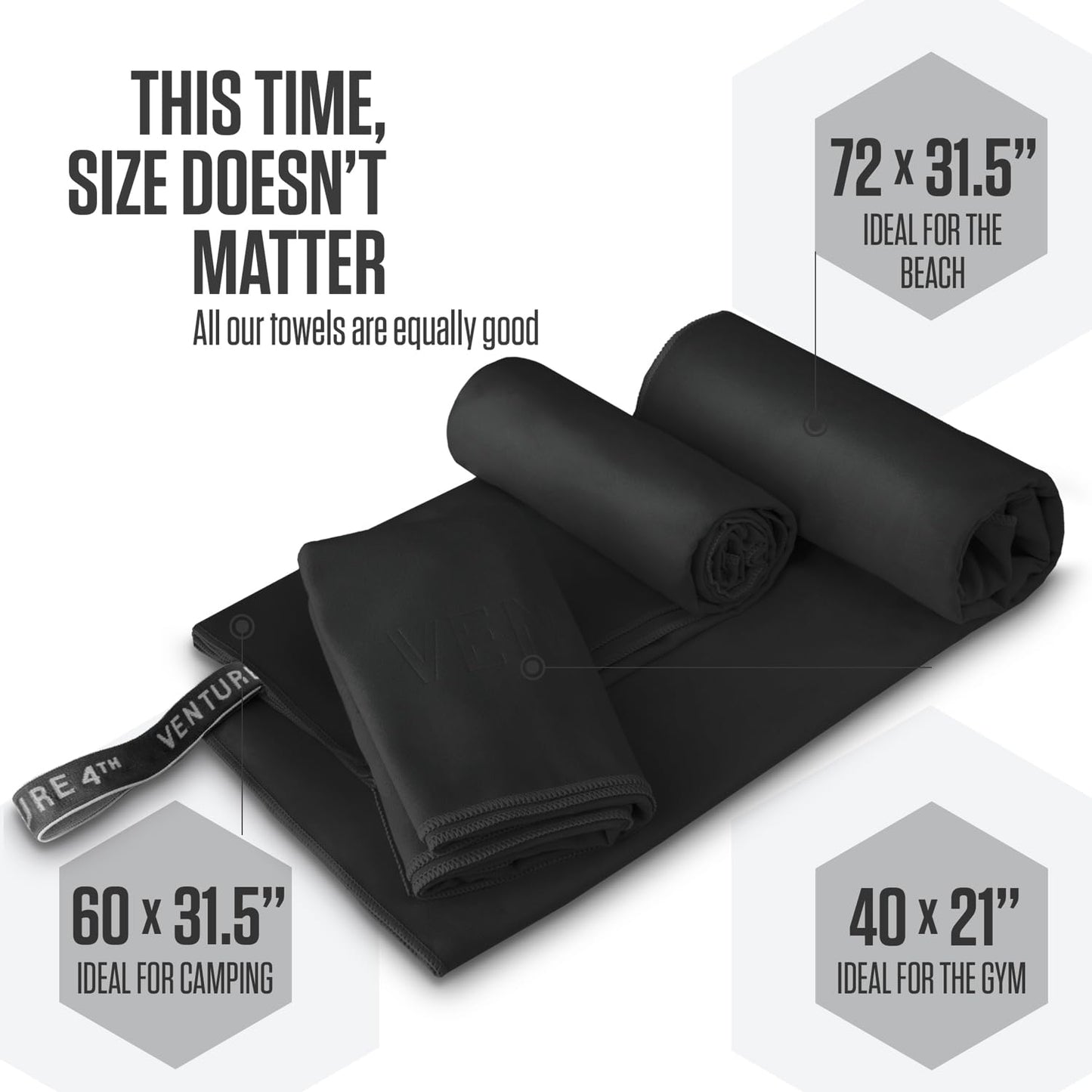 VENTURE 4TH Quick Dry Towel - Microfiber Travel Towel for Camping, Hiking, Gym, Beach - Lightweight, Packable, Compact Backpacking Companion - Black Medium