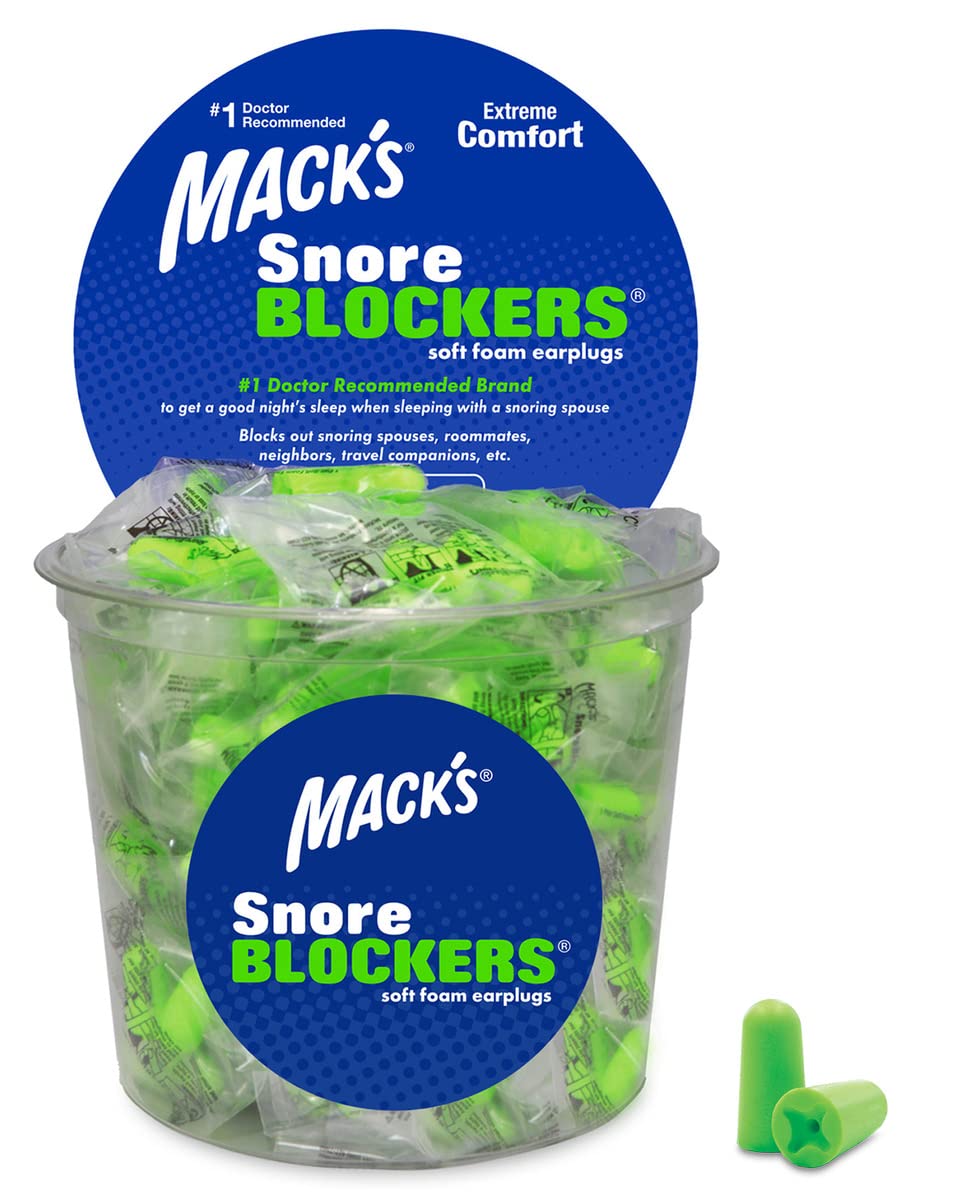 Mack's Snore Blockers Soft Foam Earplugs, 100 Pair Tub – Individually Wrapped – 32 dB High NRR, 37 dB SNR – Comfortable Ear Plugs for Sleeping, Snoring, Loud Noise and Travel