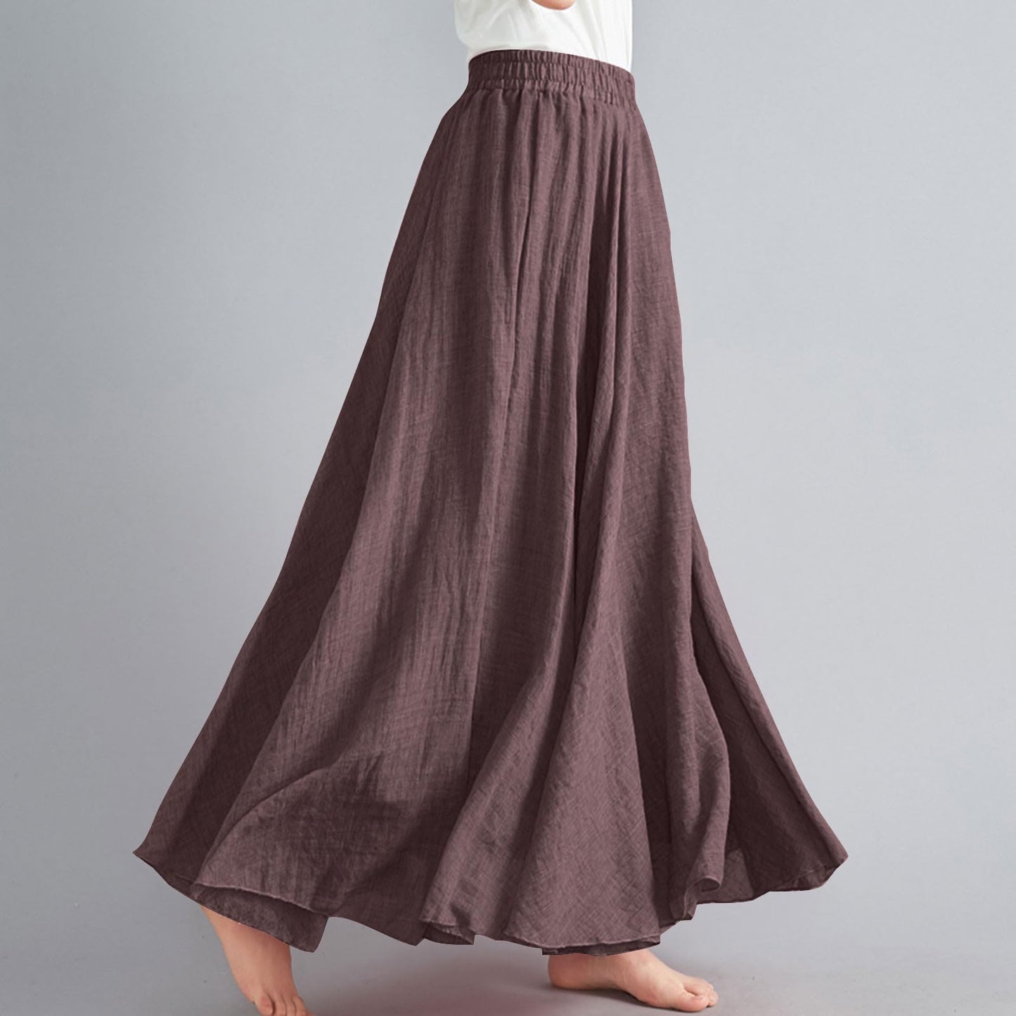 Womens Linen Maxi Skirts Summer Boho Solid Beach Elastic High Waist Pleated A-Line Flowy Swing Long Maxi Skirts Brown