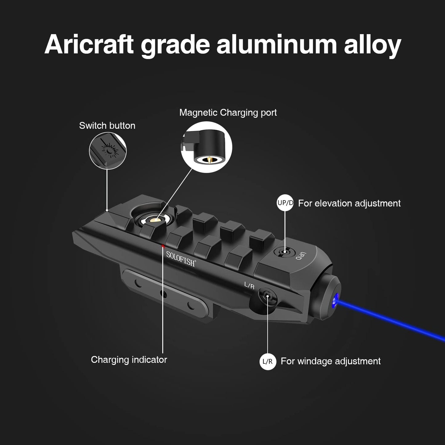 Solofish SL-1107 Picatinny Blue Laser Sight, Magnetic Rechargeable, Momentary, Strobe, Steady Modes, Durable Aluminum Design, Picatinny Riser Function, Easy Zero Adjustment