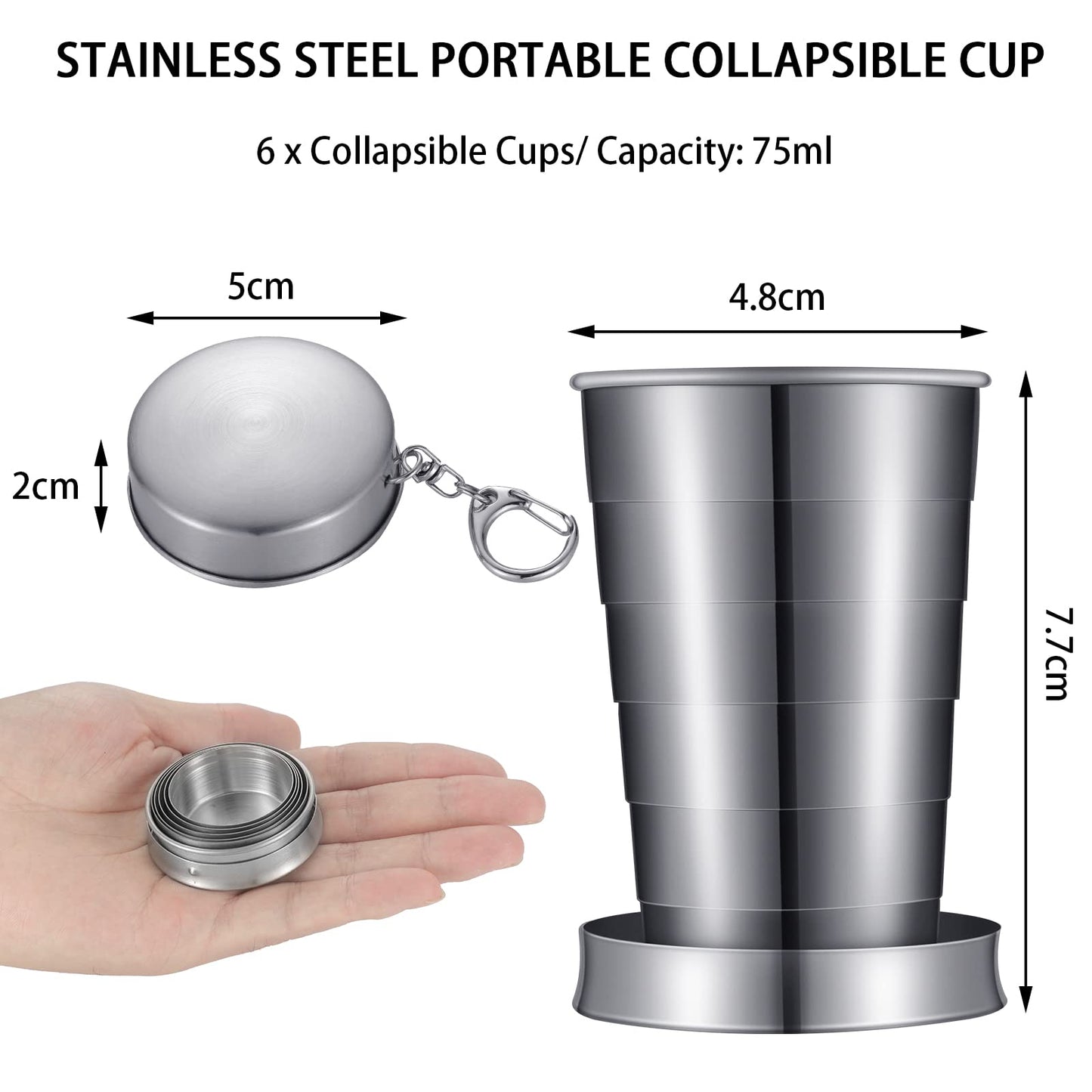 Tessco 6 Pieces Collapsible Shot Glasses Stainless Steel Collapsible Cup Reusable Portable Travel Folding Cup with Lid and Keychain for Camping Hiking Cycling (6 Pcs, 2.5 oz)