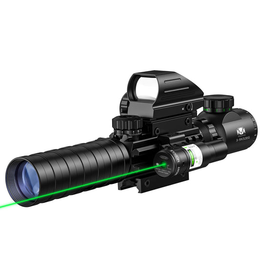 MidTen 3-9x32 4-in-1 Scope Combo with Dual Illuminated Scope Optics & 4 Holographic Reticle Red/Green Dot Sight & IIIA/2MW Laser Sight Rangefinder Illuminated Reflex Sight & 20mm Mount