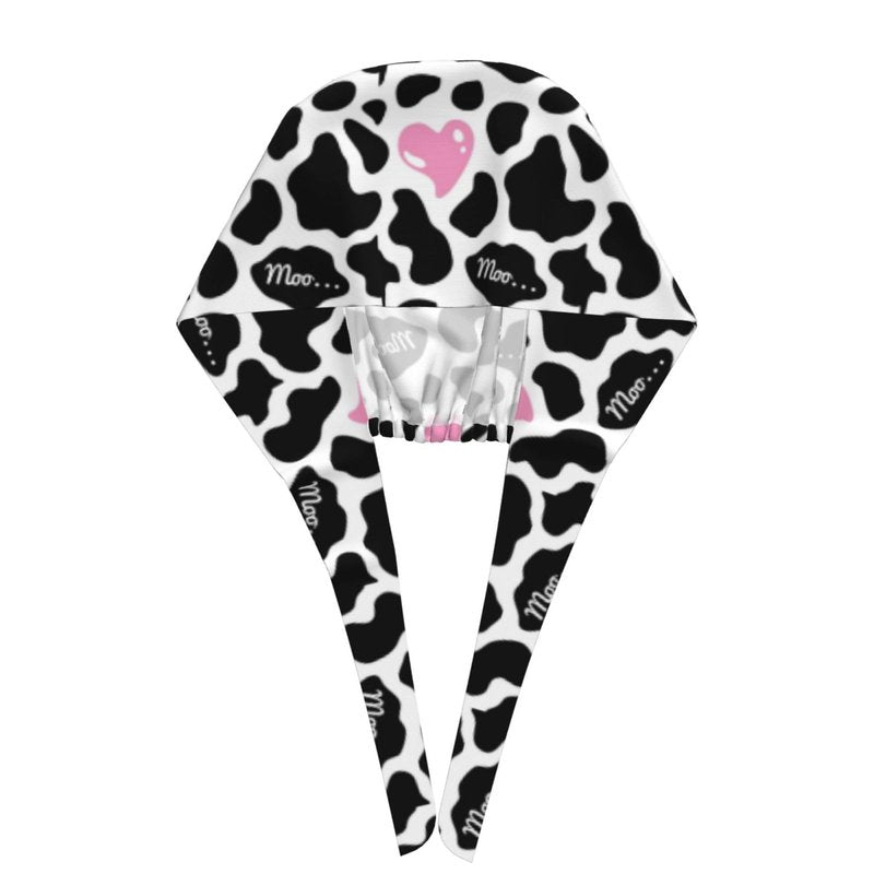 Black and White Cow Print Love Heart Cute Pink Working Cap Scrub Cap with Sweatband Adjustable Unisex Women Tie Back Hat Nurse Surgical Caps