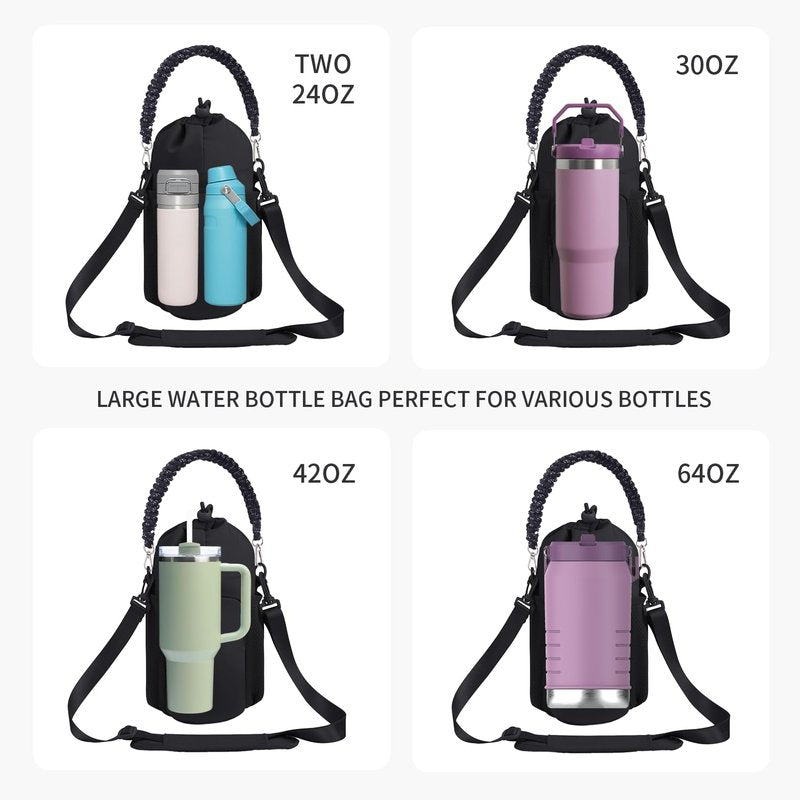 sportsnew Large Water Bottle Bag with Strap for 30/42oz Tumbler,Water Bottle Carrier Bag with Phone Pocket for 32/40/64 oz Bottle Without Handle,Sling Crossbody Water Bottle Holder(Pink)