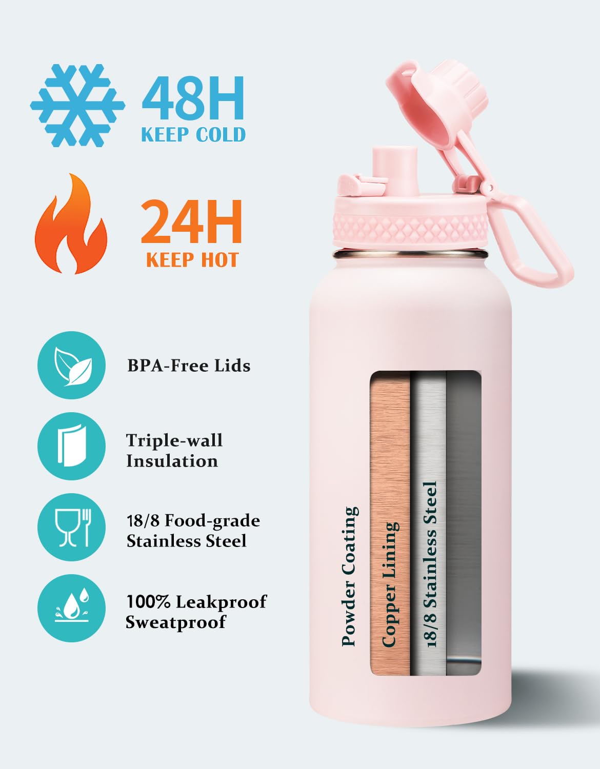 32/40/64 OZ Water Bottle with Straw - Spout Lid, Kepp Cold-48H Hot-24H, Insulated Water Bottles with Strap Carrier Bag, Paracord Handle, Protective Boot, Leakproof Metal Hydro Water Flask