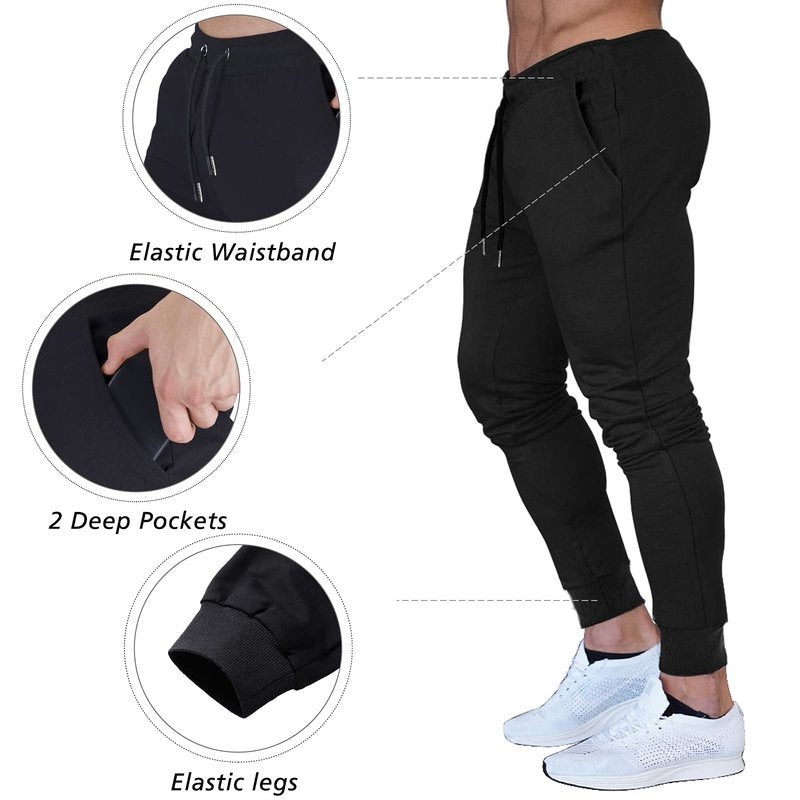 BUXKR Men's Slim Joggers Workout Pants for Gym Running and Bodybuilding Athletic Bottom Sweatpants with Deep Pockets,Black,L