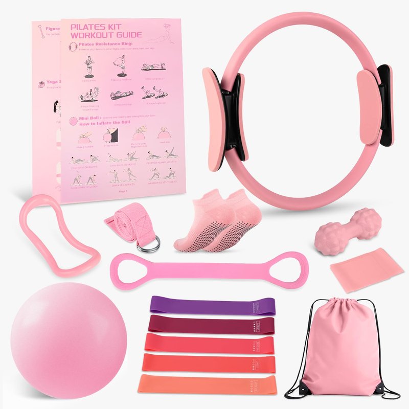NITMTYOU Home Pilates Essentials Kit for Women - Complete Set with 9" Yoga Ball, Figure 8 Resistance Band, Pilates Bands, Accessories, and Pilates Ring - Perfect for Beginners Home Workouts