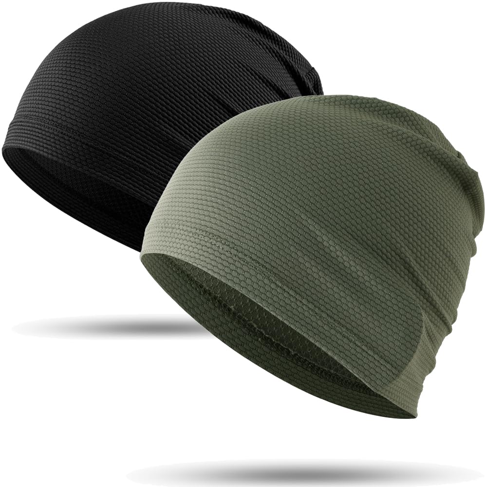 WTACTFUL Cooling Skull Cap for Men Breathable Sweat Hat Running Caps Skull Caps Thin Slouchy Beanie for Cycling Motorcycle Riding Football Helmet Hard Hat Liner Summer Sport 2-Pack Black Deep-Green