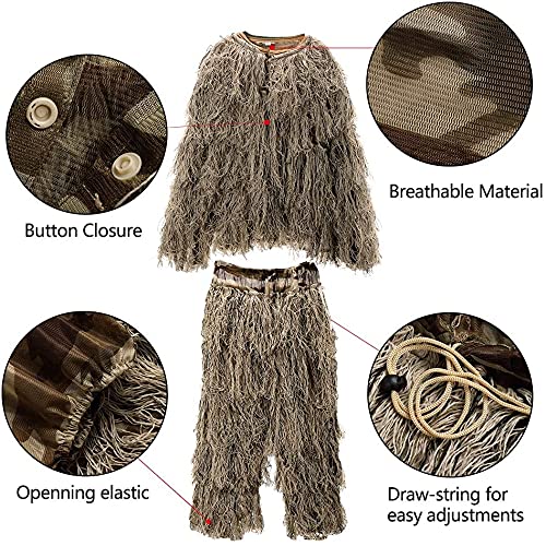 DoCred 5 in 1 Ghillie Suit, 3D Camouflage Hunting Apparel w/Jacket, Pants, Hood, Carry Bag for Adults/Youth, S/M/L/XL/XXL