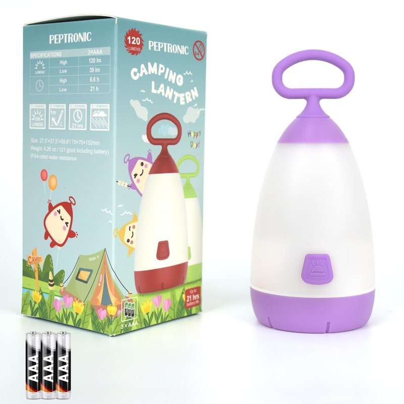 PEPTRONIC Kids Camping Lantern & Night Light Battery Powered (AAA Included), 360° Eye-Safe Light, IPX4 Waterproof with RGB Modes Portable for Outdoor, Emergency & Bedtime, Gift for Children (Purple)