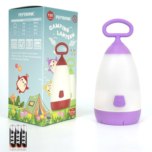 PEPTRONIC Kids Camping Lantern & Night Light Battery Powered (AAA Included), 360° Eye-Safe Light, IPX4 Waterproof with RGB Modes Portable for Outdoor, Emergency & Bedtime, Gift for Children (Purple)