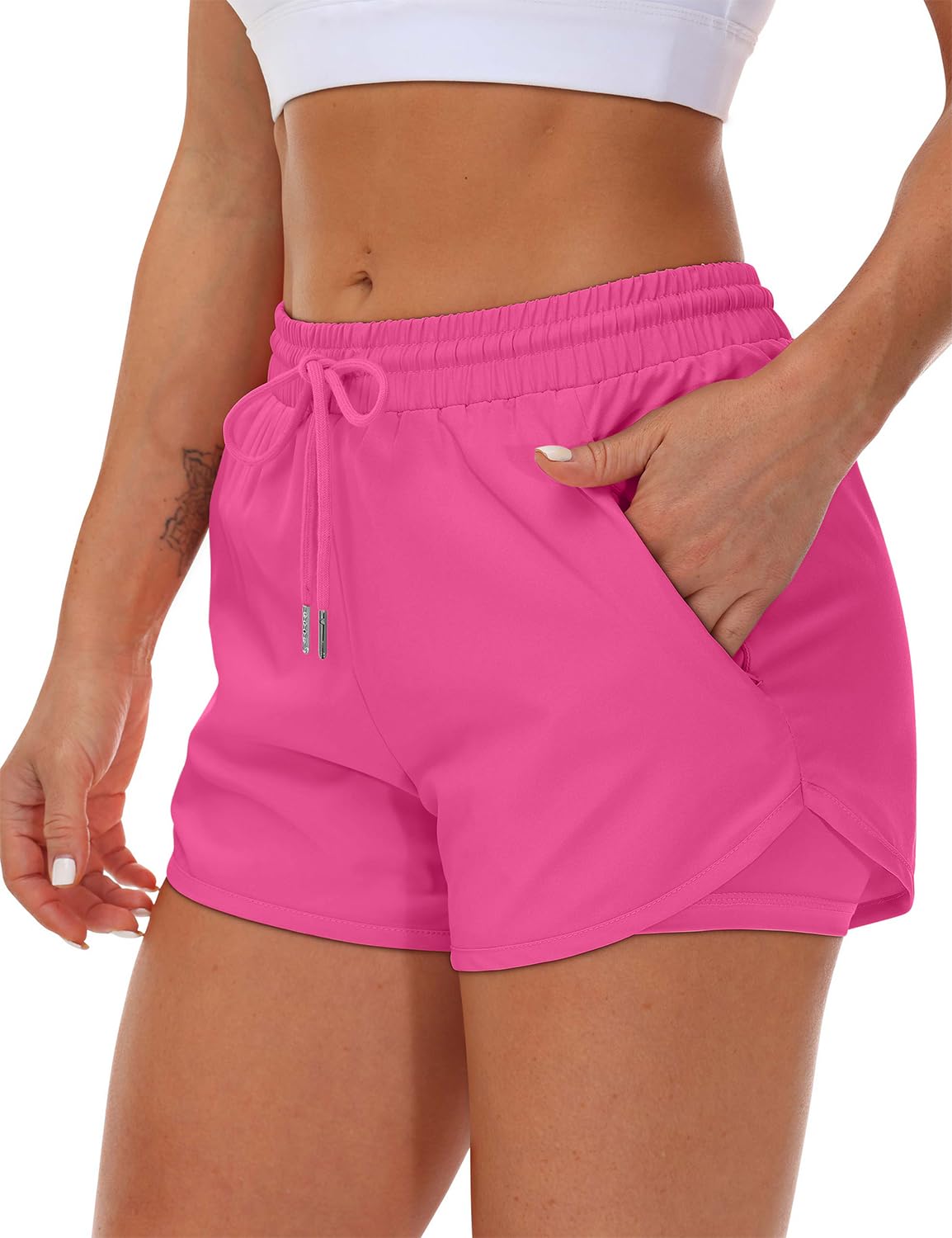 Mancreda Women's Running Shorts with Liner 3 Zipper Pockets Elastic Workout Athletic Gym Yoga Shorts(HPK,XXL) Hot Pink