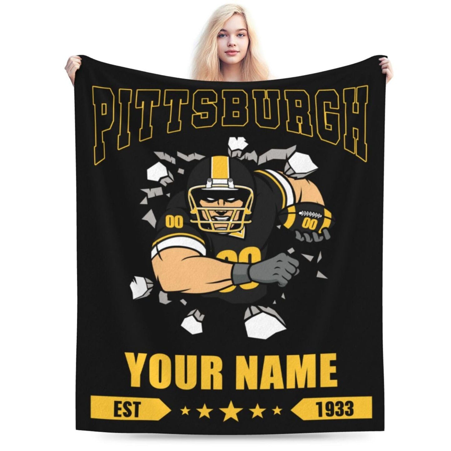 Personalized Pittsburgh Blanket with Name Number Custom Football Throw Blankets Customized Flannel Blanket Fan Gifts for Men Women Boy Decor for Couch, Bed, Sofa 30"x 40",40"x50", 50"x60", 60"x80"