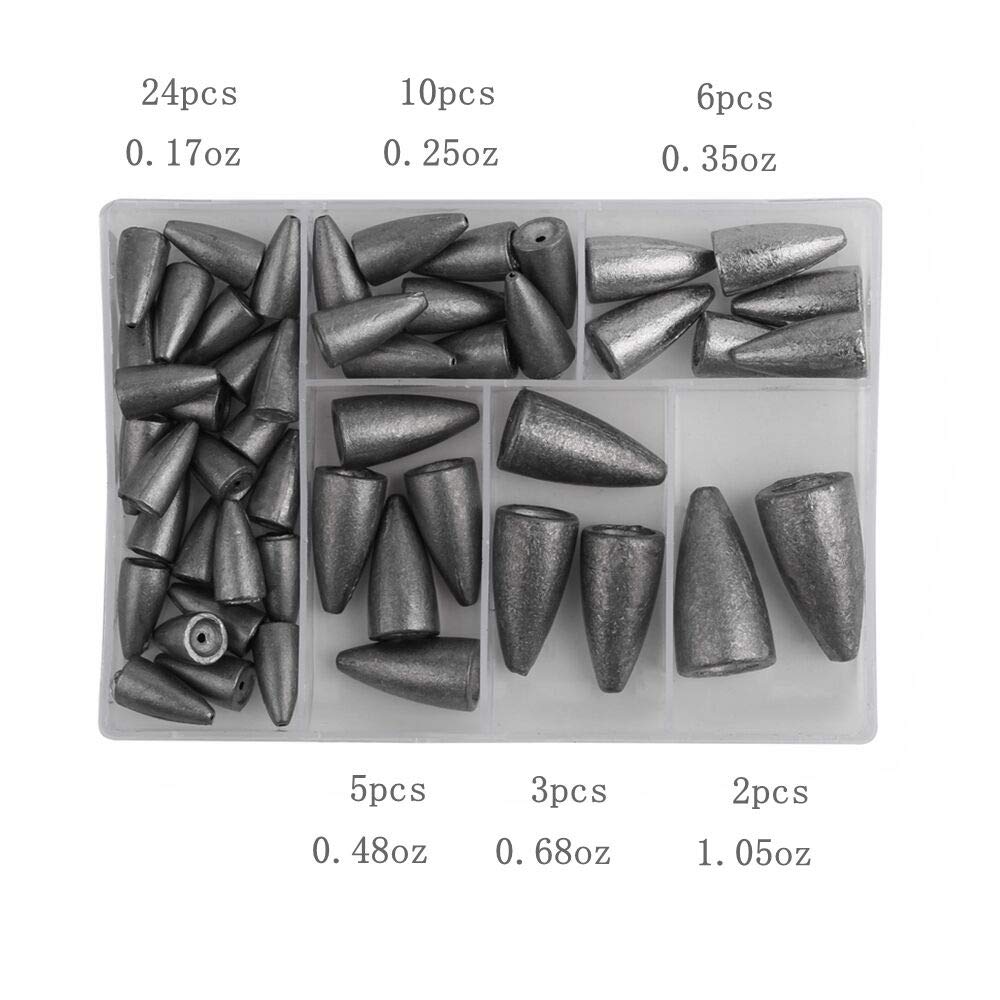 FCFKUK 50Pcs Bullet Lead Fishing Sinkers Weights Kit with Gray Sinkers in 6 Sizes