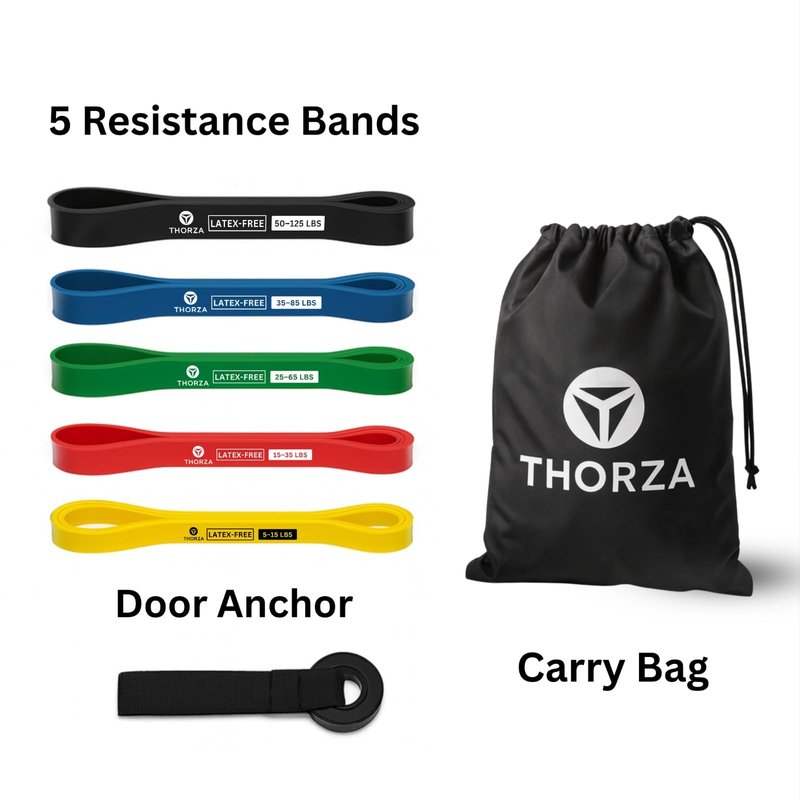 THORZA Resistance Bands Set – 5 Stackable Levels Up to 150 lbs, Workout Bands with Handles, Door Anchor & Carry Bag, Latex-Free TPE Exercise Bands – Full Body Home Gym (7-Piece Set)