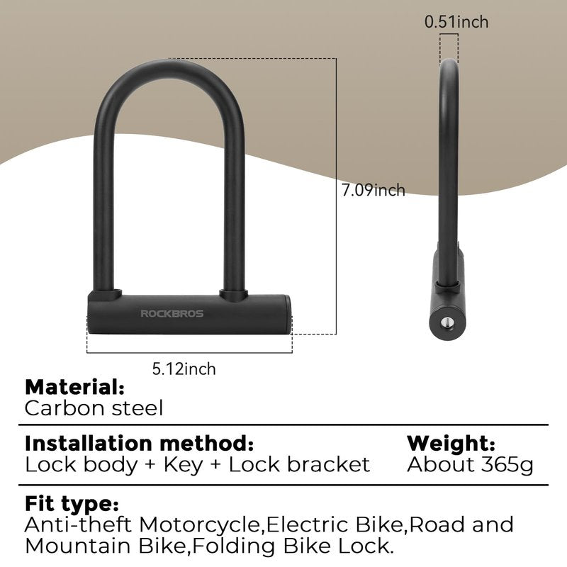 ROCKBROS U Lock Bike U Lock with Cable Heavy Duty Anti Theft Bike Lock U-Lock 4 ft Cable with Keys & Sturdy Mounting Bracket for Road, Mountain, Electric